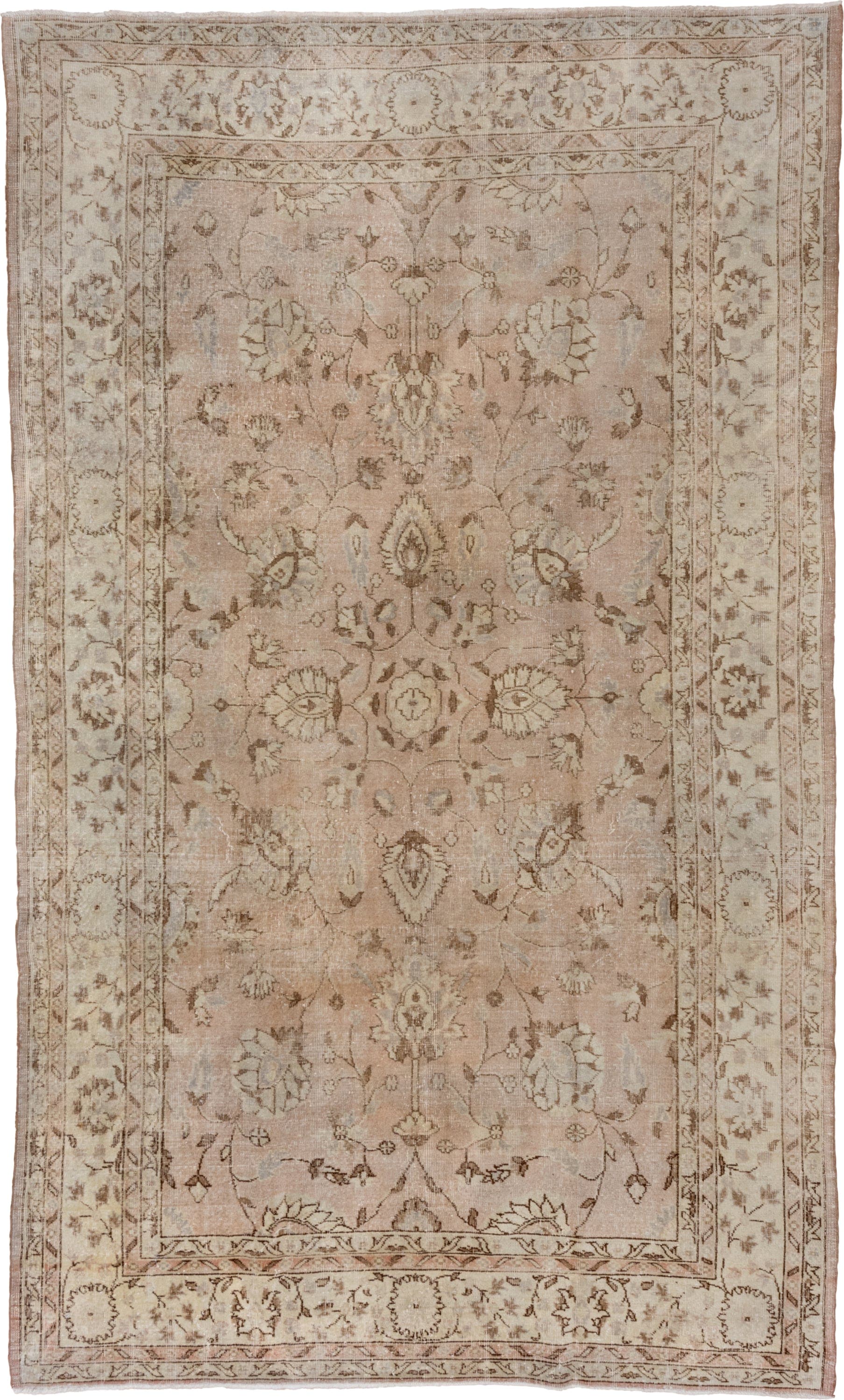 7' x 12' one-of-a-kind handmade vintage Oushak large size rug. Color palette: beige, blush, ivory, taupe, camel, brown, sage