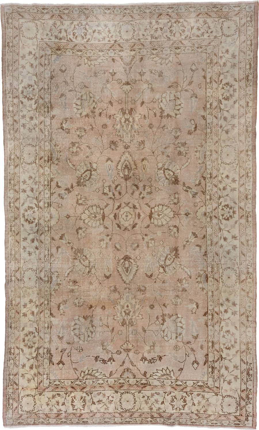7' x 12' one-of-a-kind handmade vintage Oushak large size rug. Color palette: beige, blush, ivory, taupe, camel, brown, sage