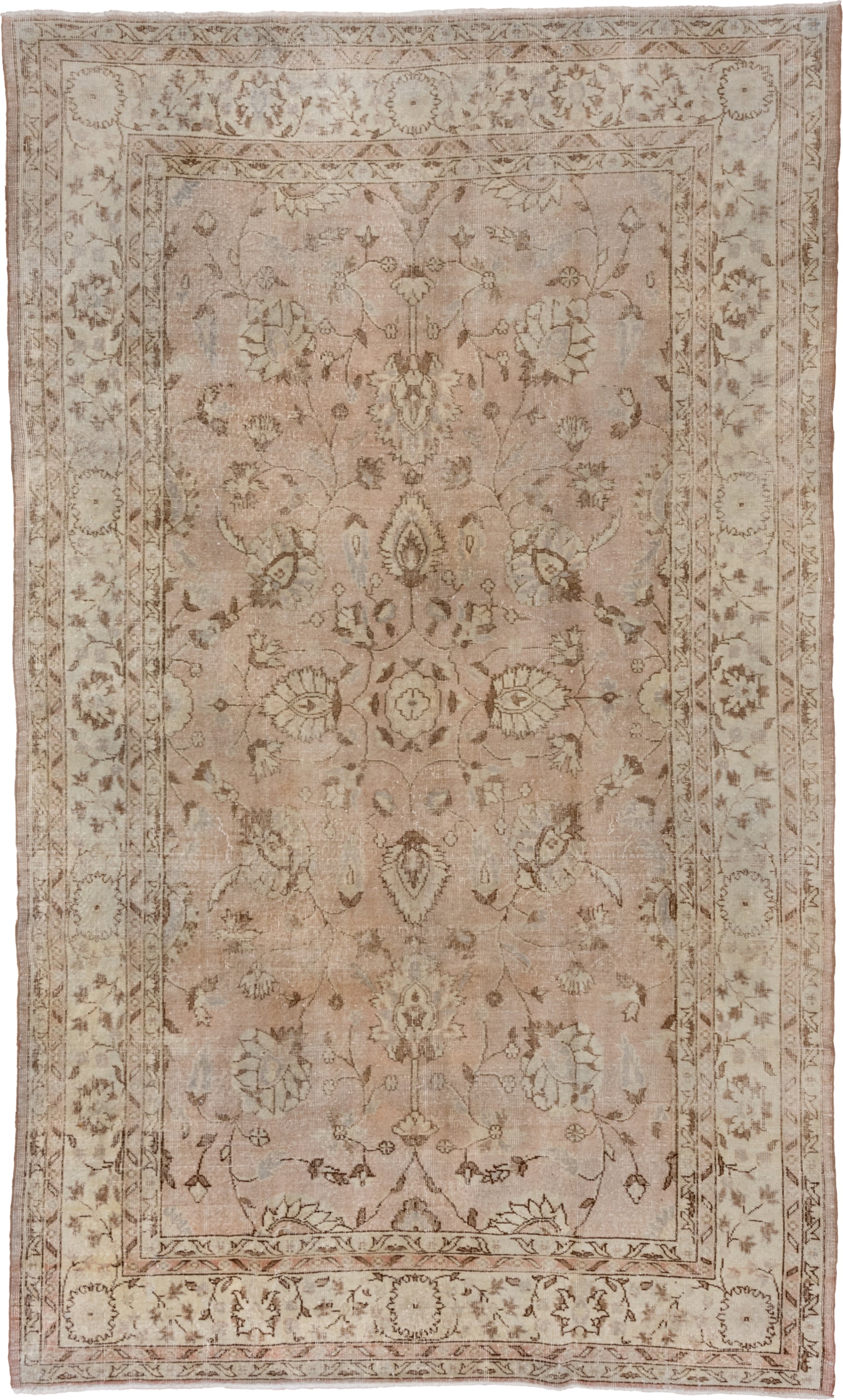 7' x 12' one-of-a-kind handmade vintage Oushak large size rug. Color palette: beige, blush, ivory, taupe, camel, brown, sage