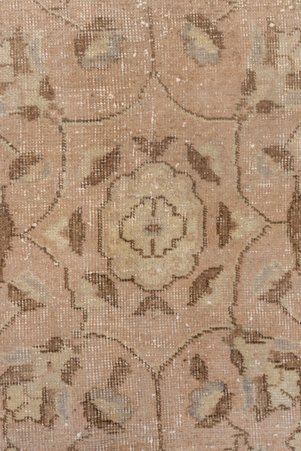 7' x 12' one-of-a-kind handmade vintage Oushak large size rug. Color palette: beige, blush, ivory, taupe, camel, brown, sage