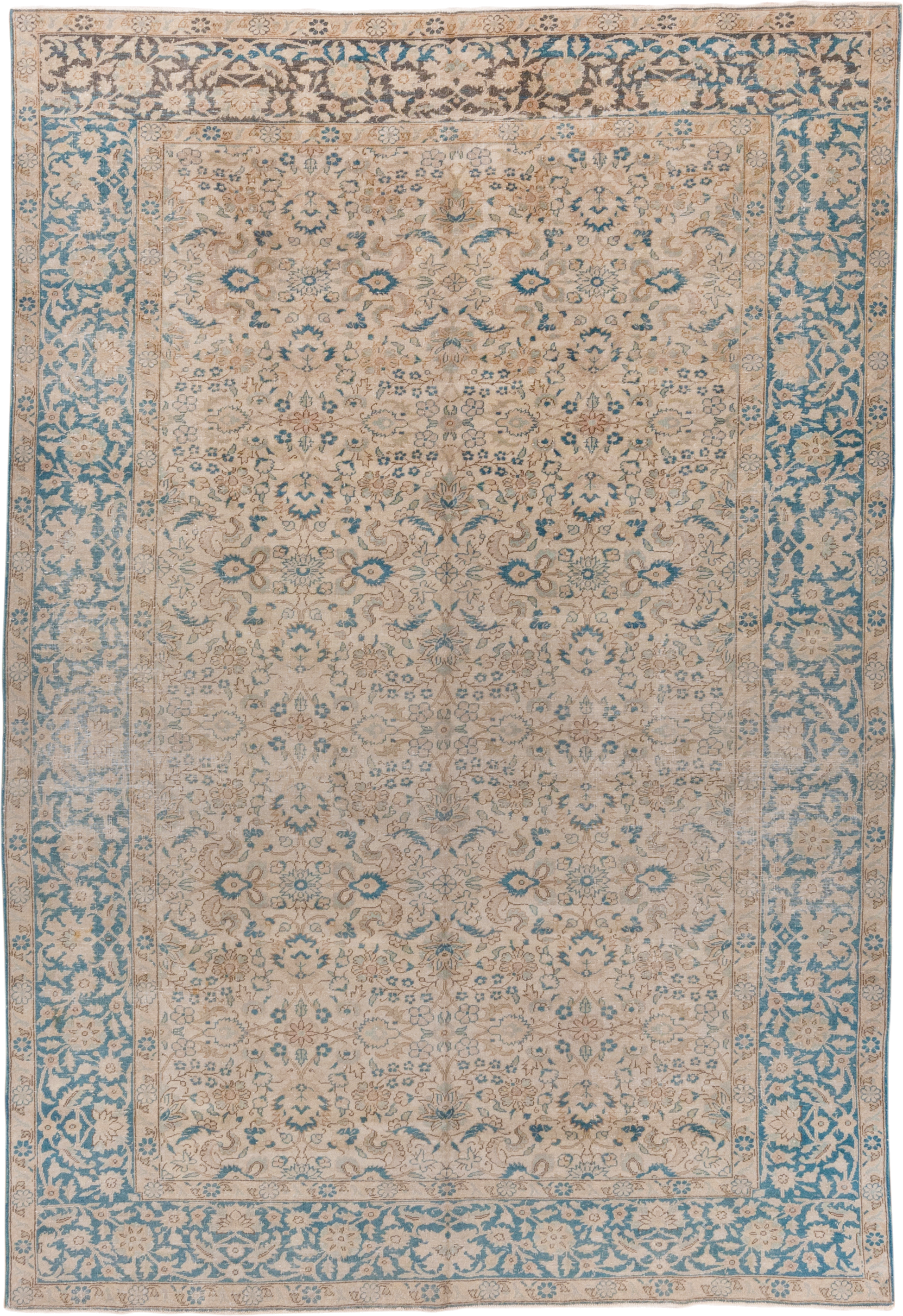 6' x 9' one-of-a-kind handmade vintage Sivas medium size rug. Color palette: ivory, sky blue, beige, taupe, camel