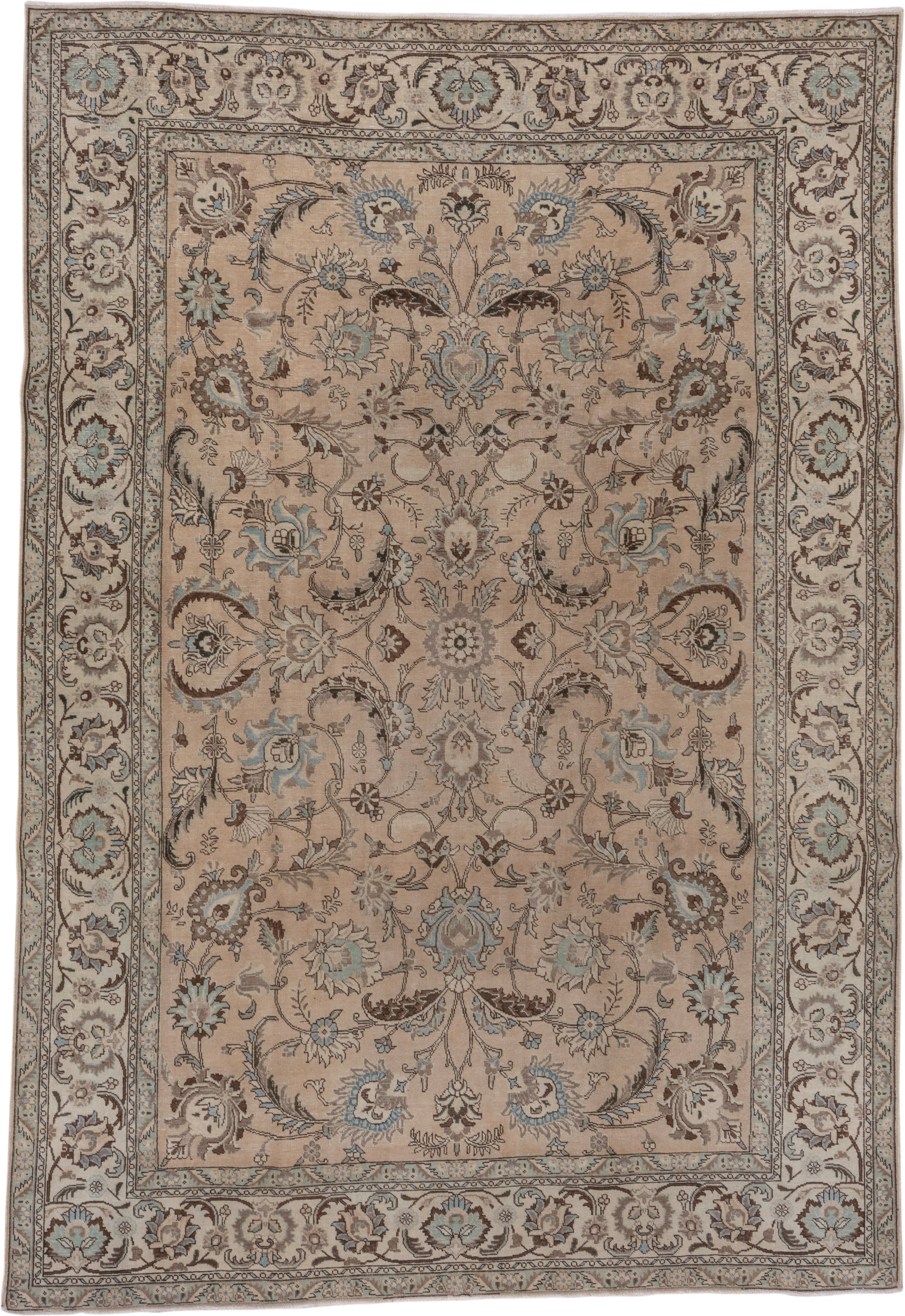 7' x 10' one-of-a-kind handmade vintage Tabriz large size rug. Color palette: beige, ivory, taupe, pale blue, brown, camel