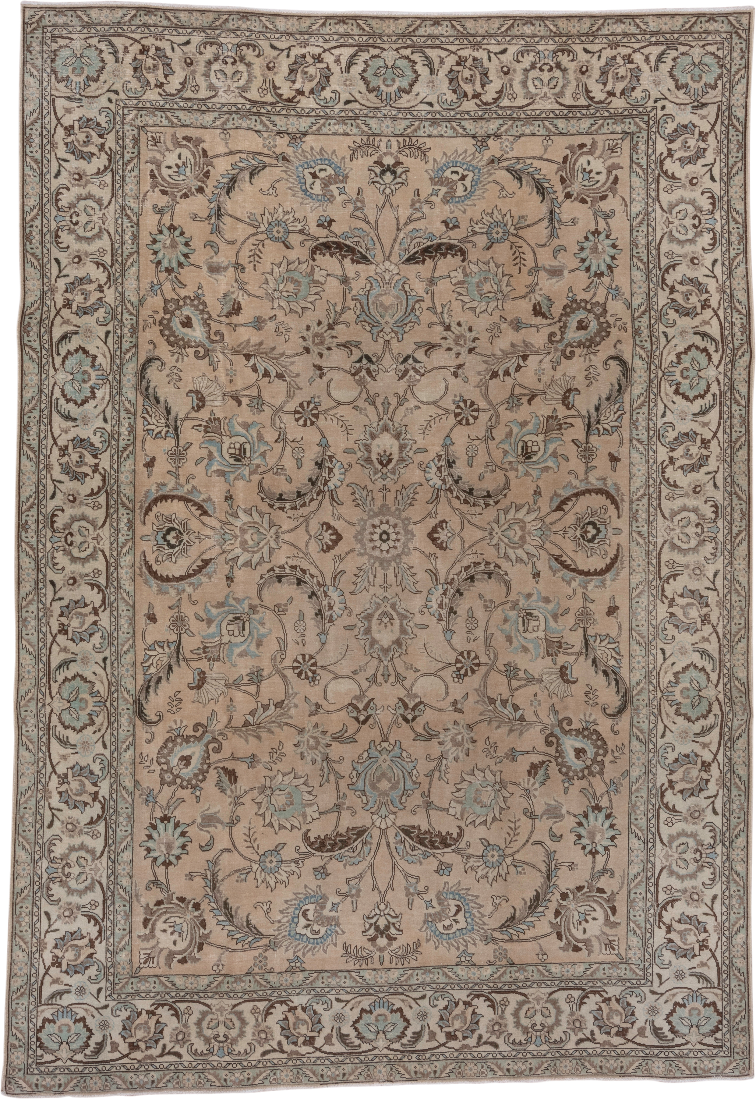7' x 10' one-of-a-kind handmade vintage Tabriz large size rug. Color palette: beige, ivory, taupe, pale blue, brown, camel
