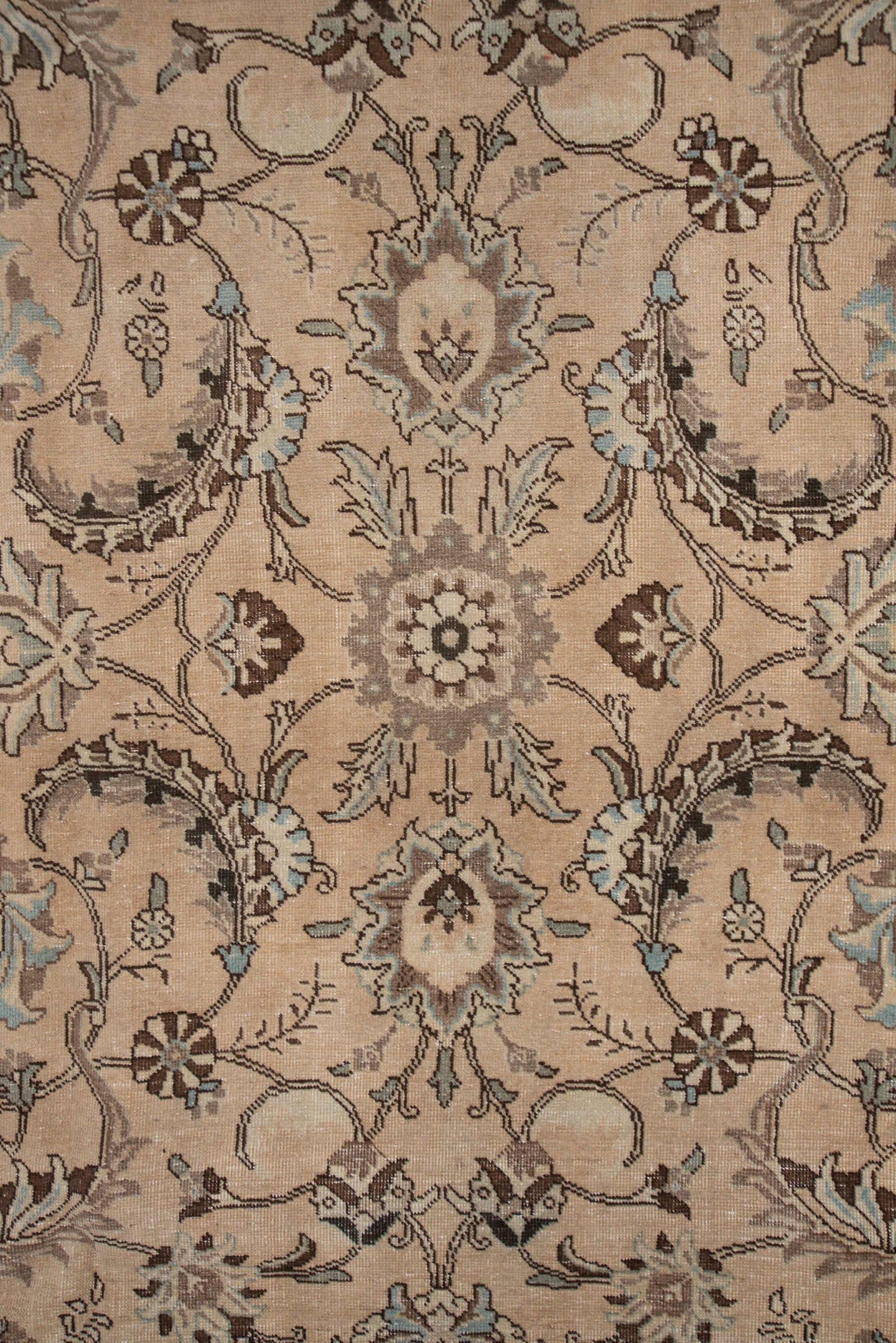 7' x 10' one-of-a-kind handmade vintage Tabriz large size rug. Color palette: beige, ivory, taupe, pale blue, brown, camel