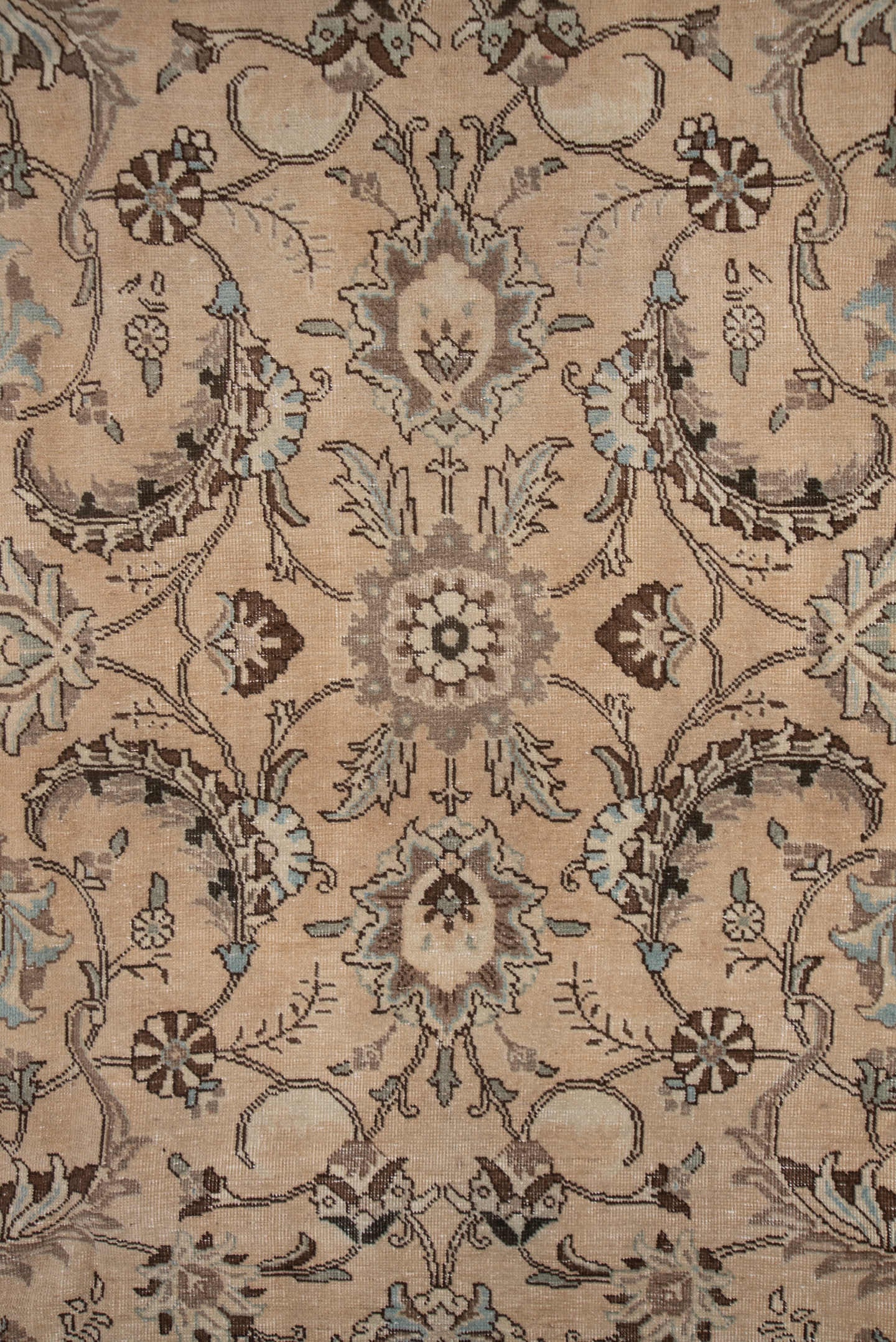 7' x 10' one-of-a-kind handmade vintage Tabriz large size rug. Color palette: beige, ivory, taupe, pale blue, brown, camel