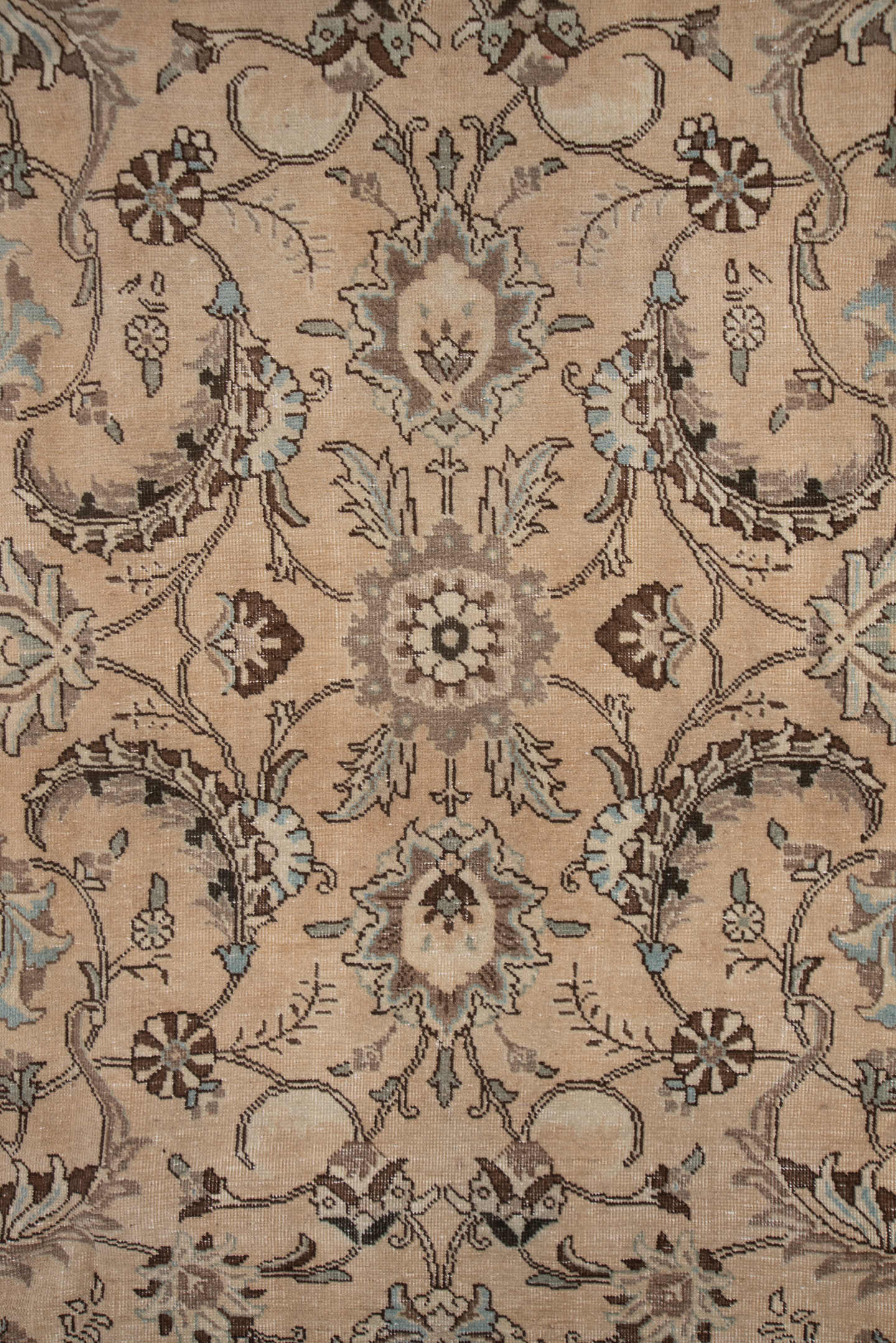7' x 10' one-of-a-kind handmade vintage Tabriz large size rug. Color palette: beige, ivory, taupe, pale blue, brown, camel