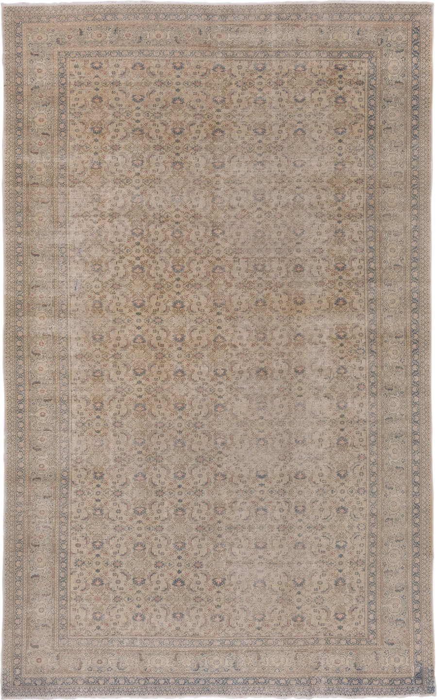 7' x 12' one-of-a-kind handmade vintage Kaisary large size rug. Color palette: ivory, beige, slate, taupe, dusty blue, rust