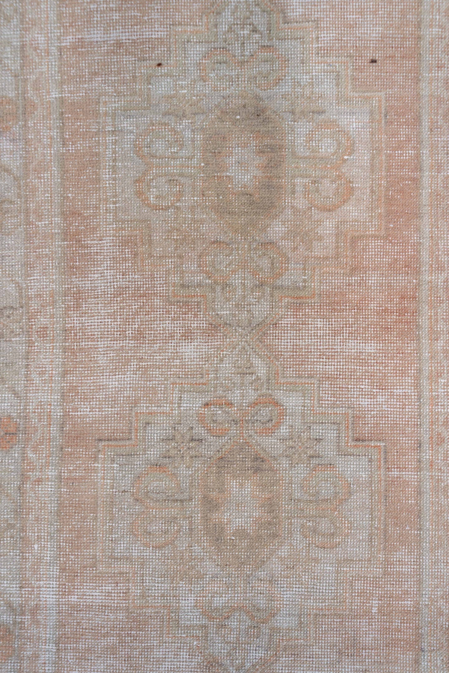 3' x 9' one-of-a-kind handmade vintage Oushak runner rug. Color palette: blush, ivory, taupe, beige, camel, charcoal, pink