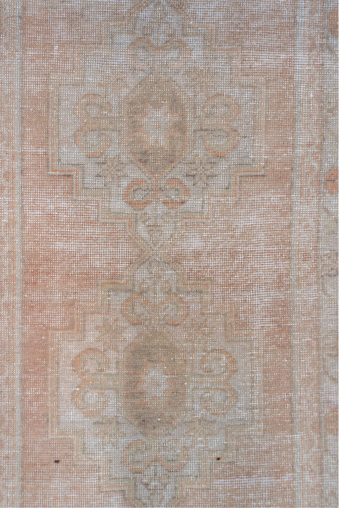 3' x 9' one-of-a-kind handmade vintage Oushak runner rug. Color palette: blush, ivory, taupe, beige, camel, charcoal, pink