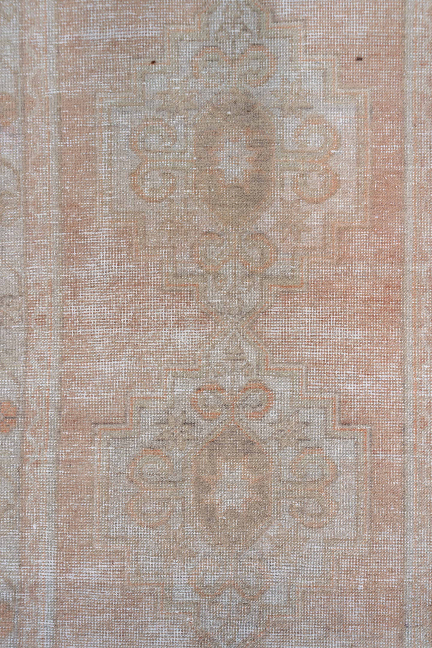 3' x 9' one-of-a-kind handmade vintage Oushak runner rug. Color palette: blush, ivory, taupe, beige, camel, charcoal, pink