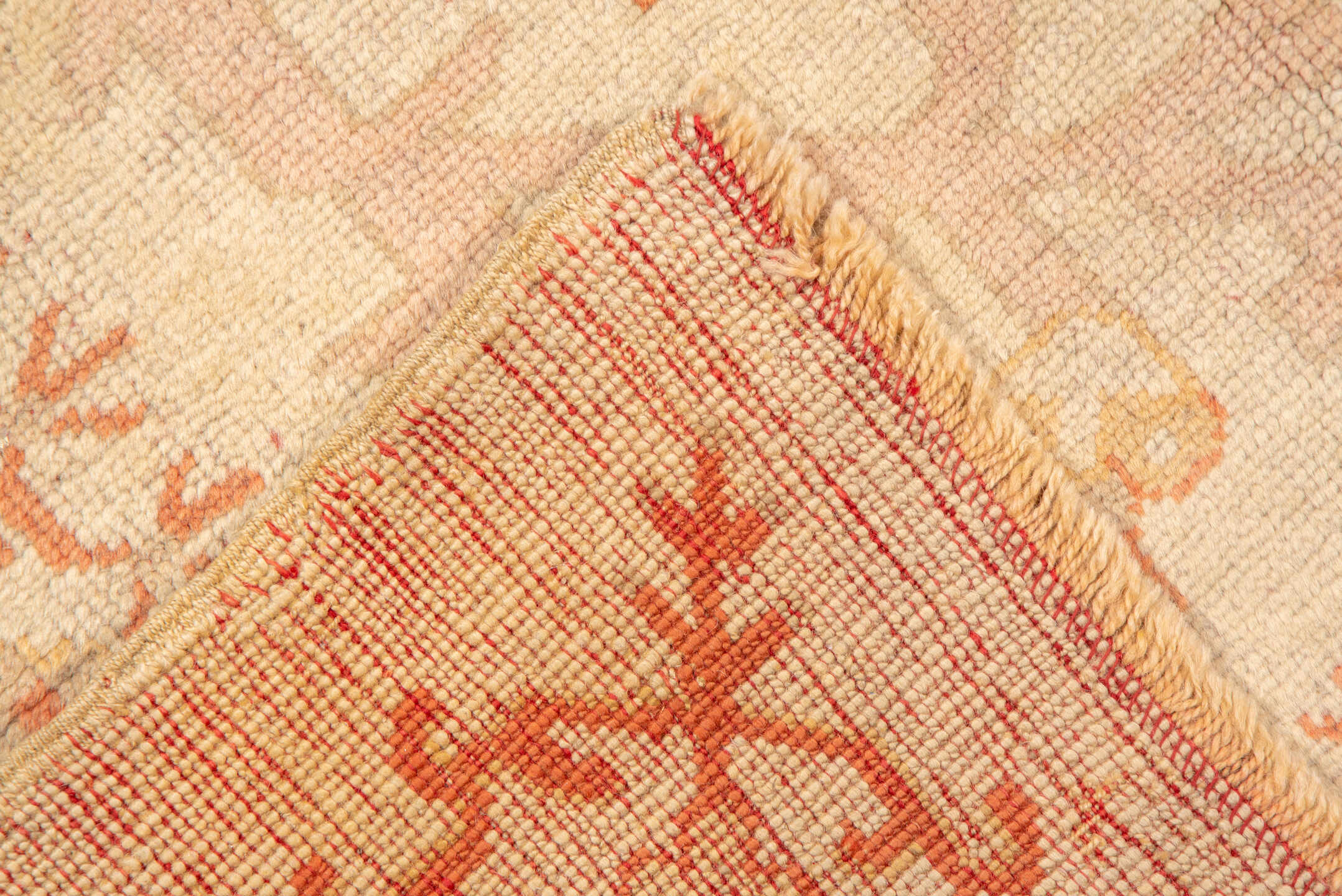 11' x 14' one-of-a-kind handmade antique Oushak oversize rug. Color palette: ivory, beige, blush, peach, taupe, sand
