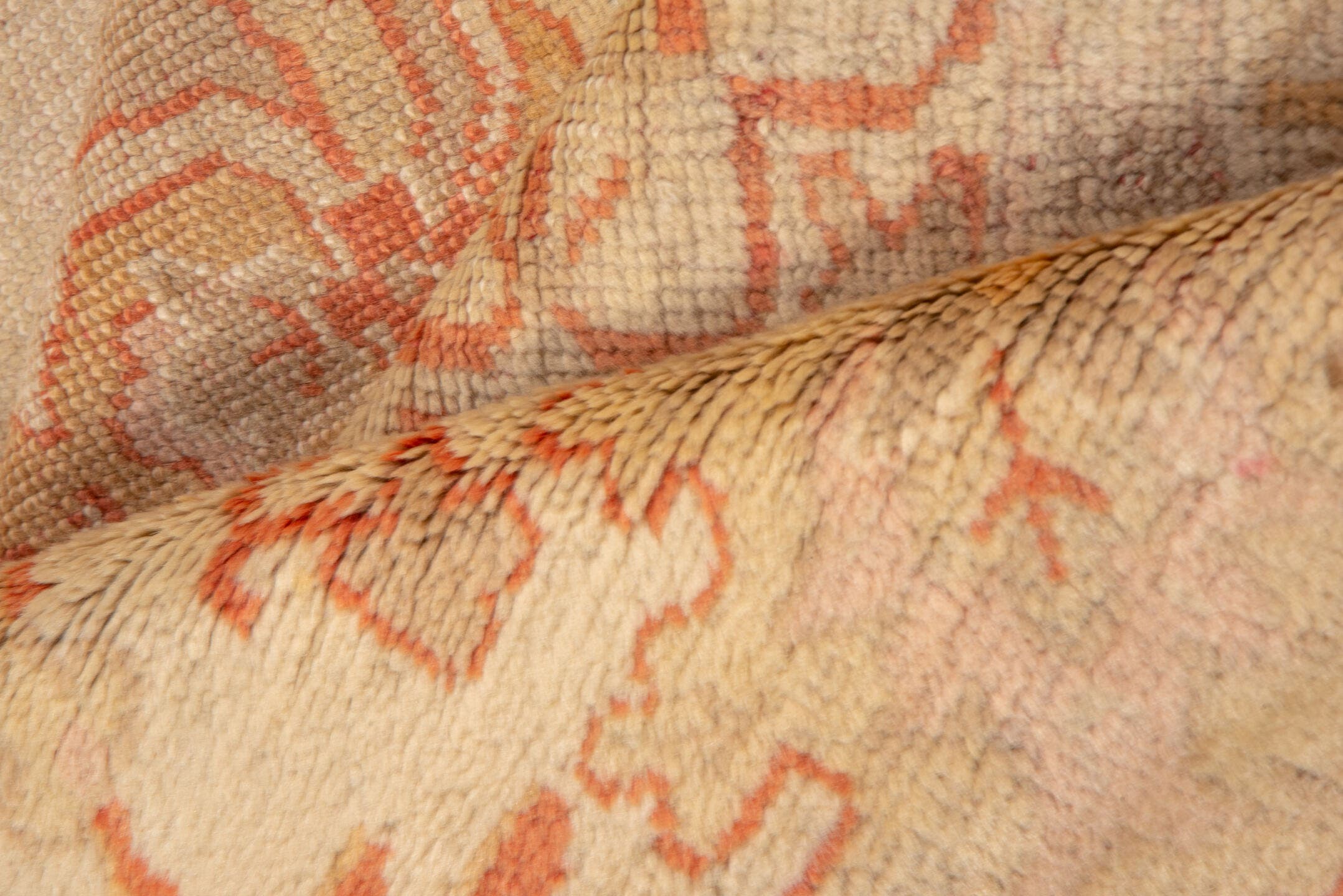 11' x 14' one-of-a-kind handmade antique Oushak oversize rug. Color palette: ivory, beige, blush, peach, taupe, sand