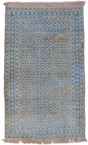 3' x 6' one-of-a-kind handmade vintage Cotton Agra small size rug. Color palette: sky blue, ivory, taupe, beige, light blue