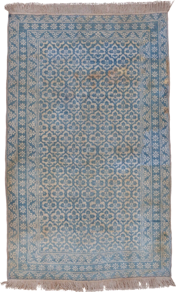 3' x 6' one-of-a-kind handmade vintage Cotton Agra small size rug. Color palette: sky blue, ivory, taupe, beige, light blue