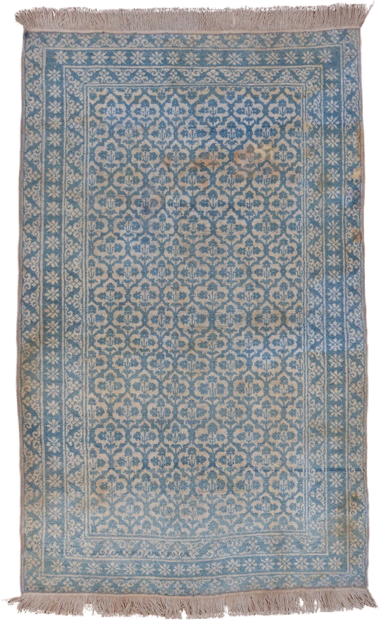 3' x 6' one-of-a-kind handmade vintage Cotton Agra small size rug. Color palette: sky blue, ivory, taupe, beige, light blue
