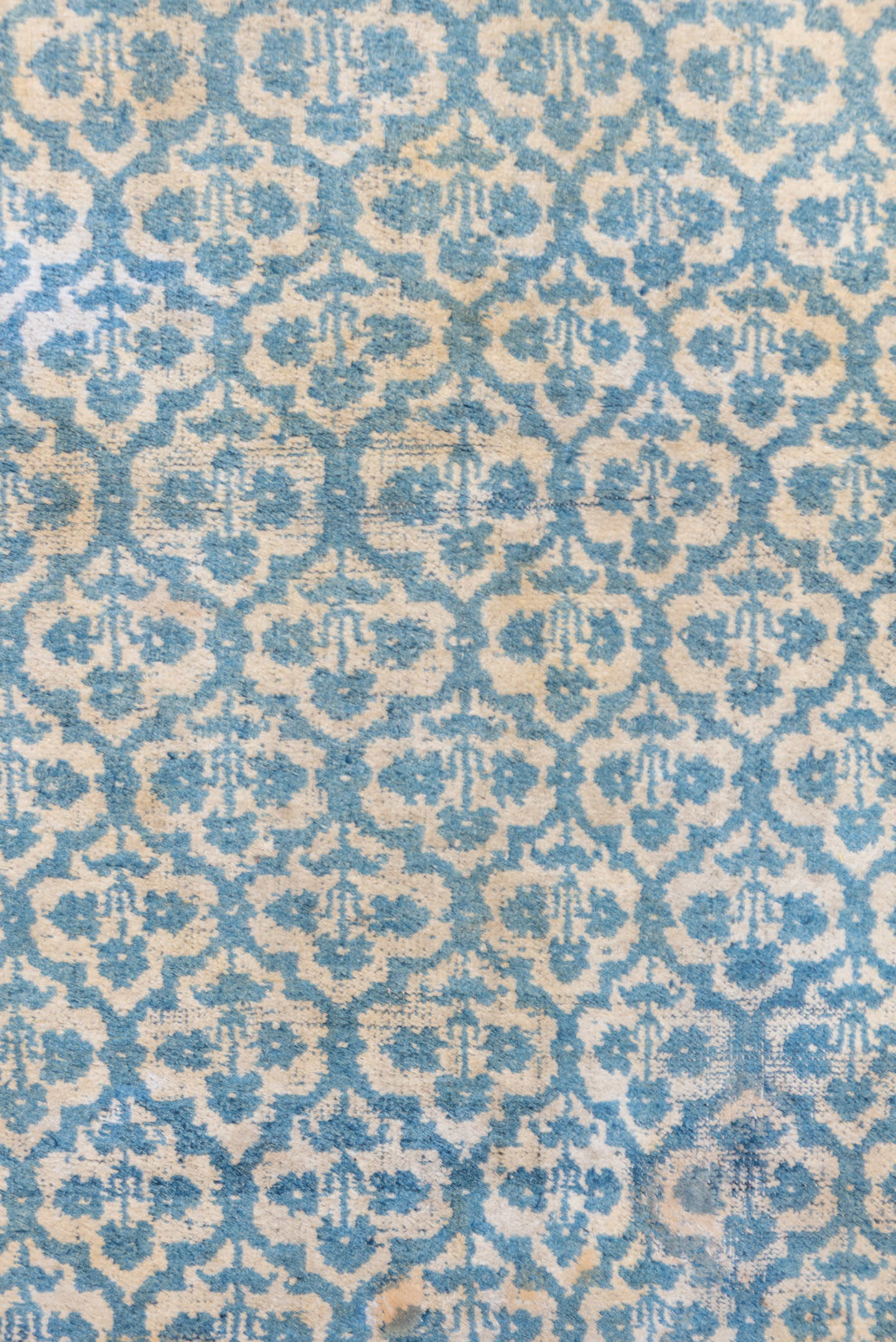 3' x 6' one-of-a-kind handmade vintage Cotton Agra small size rug. Color palette: sky blue, ivory, taupe, beige, light blue