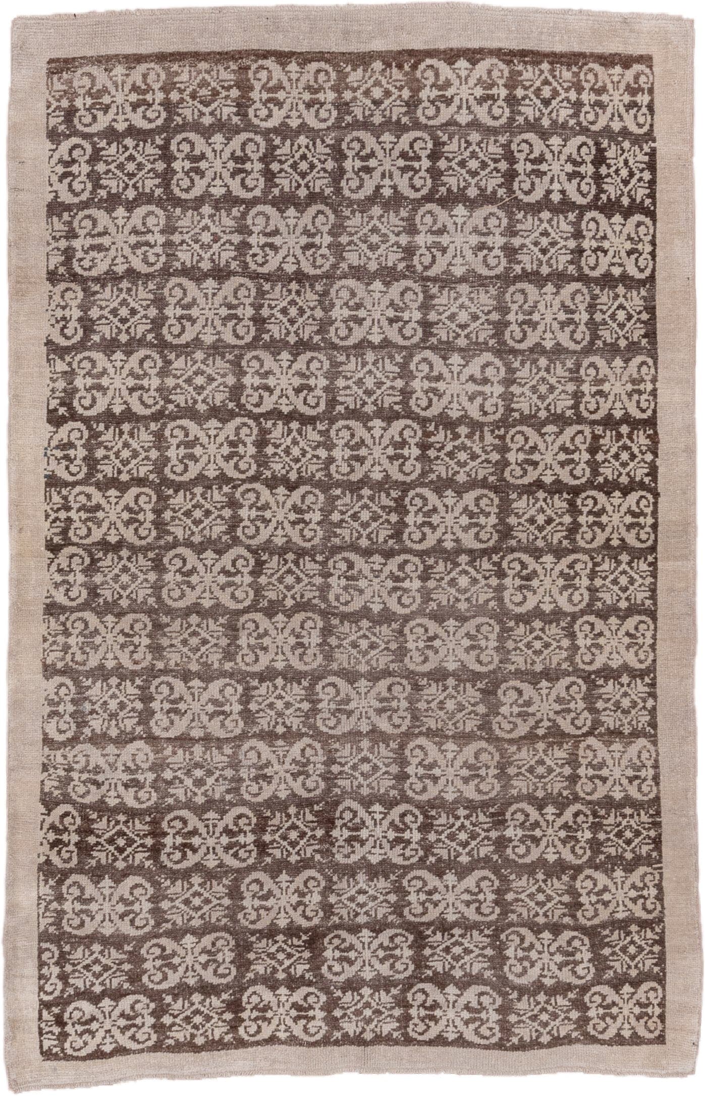 4' x 6' one-of-a-kind handmade vintage Tulu small size rug. Color palette: taupe, ivory, beige, brown, gray