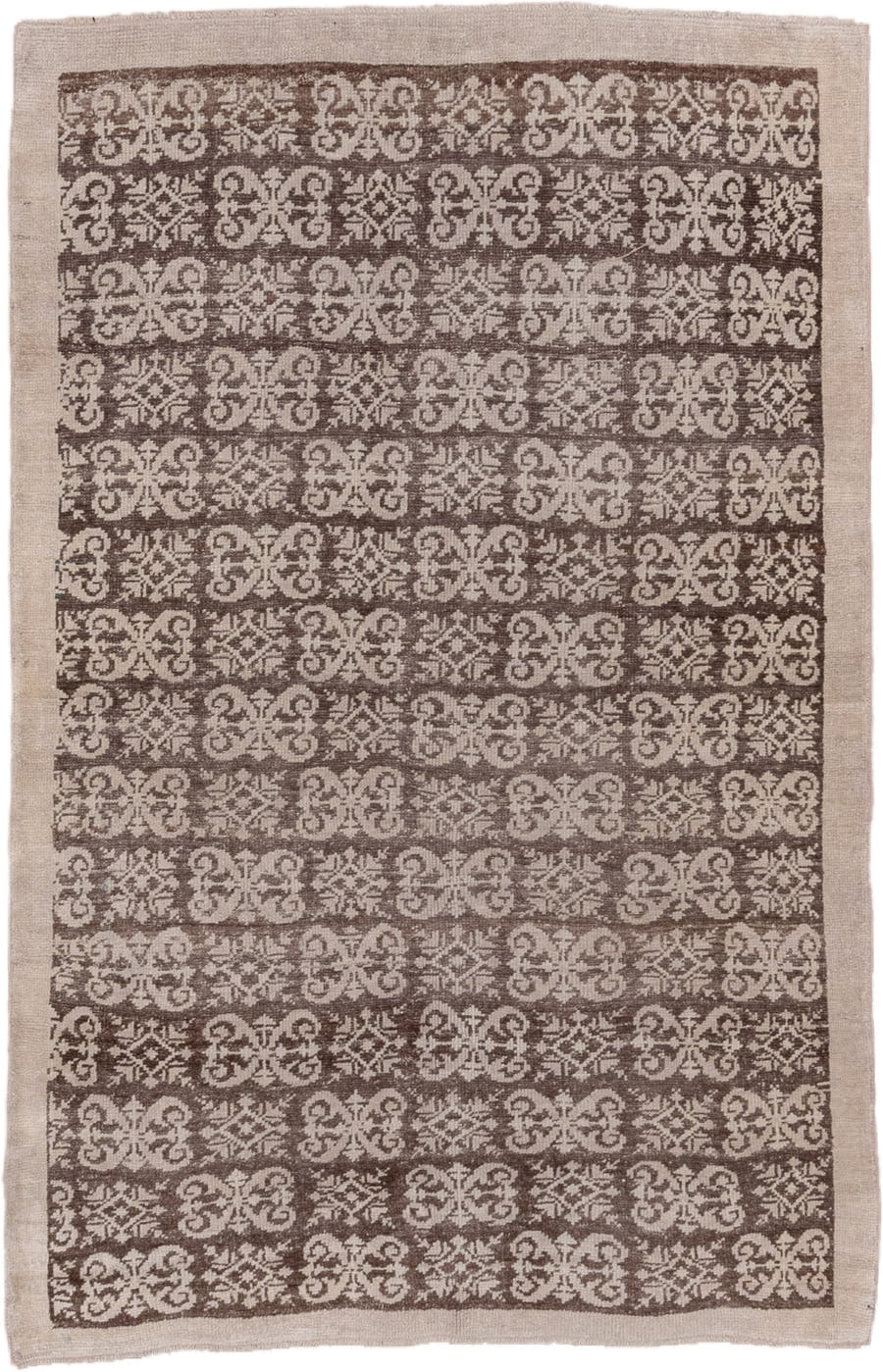 4' x 6' one-of-a-kind handmade vintage Tulu small size rug. Color palette: taupe, ivory, beige, brown, gray