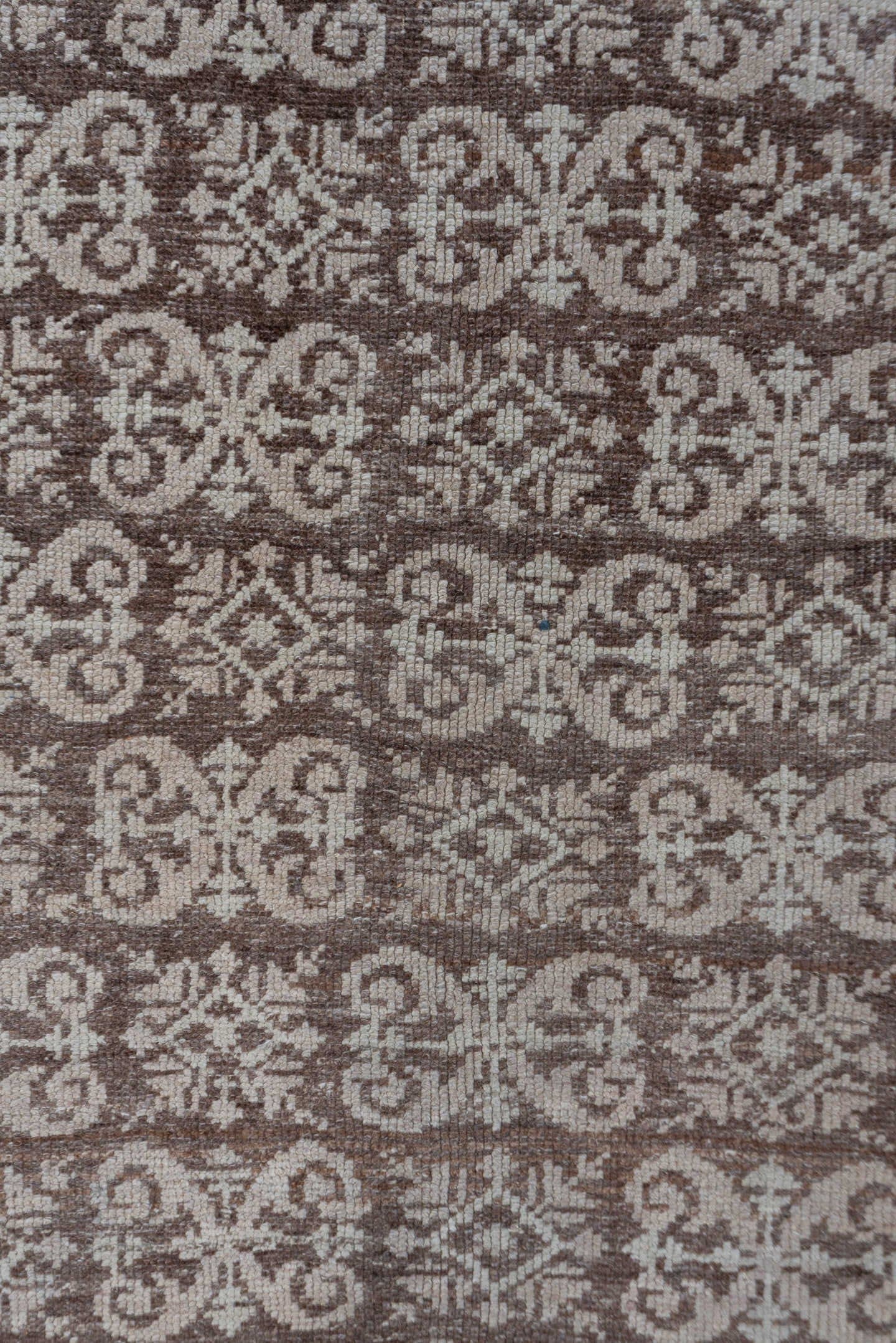 4' x 6' one-of-a-kind handmade vintage Tulu small size rug. Color palette: taupe, ivory, beige, brown, gray