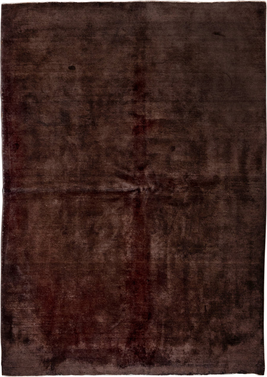 6' x 9' one-of-a-kind handmade vintage Overdyed medium size rug. Color palette: espresso, mahogany, charcoal, burgundy