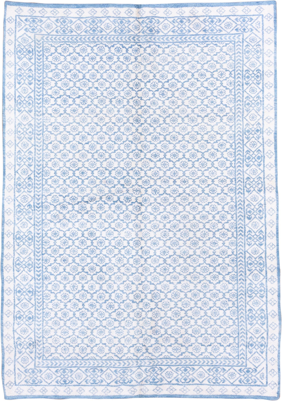 6' x 9' one-of-a-kind handmade vintage Cotton Agra medium size rug. Color palette: ivory, sky blue, powder blue, light blue