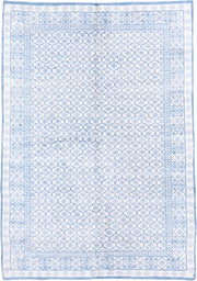 6' x 9' one-of-a-kind handmade vintage Cotton Agra medium size rug. Color palette: ivory, sky blue, powder blue, light blue