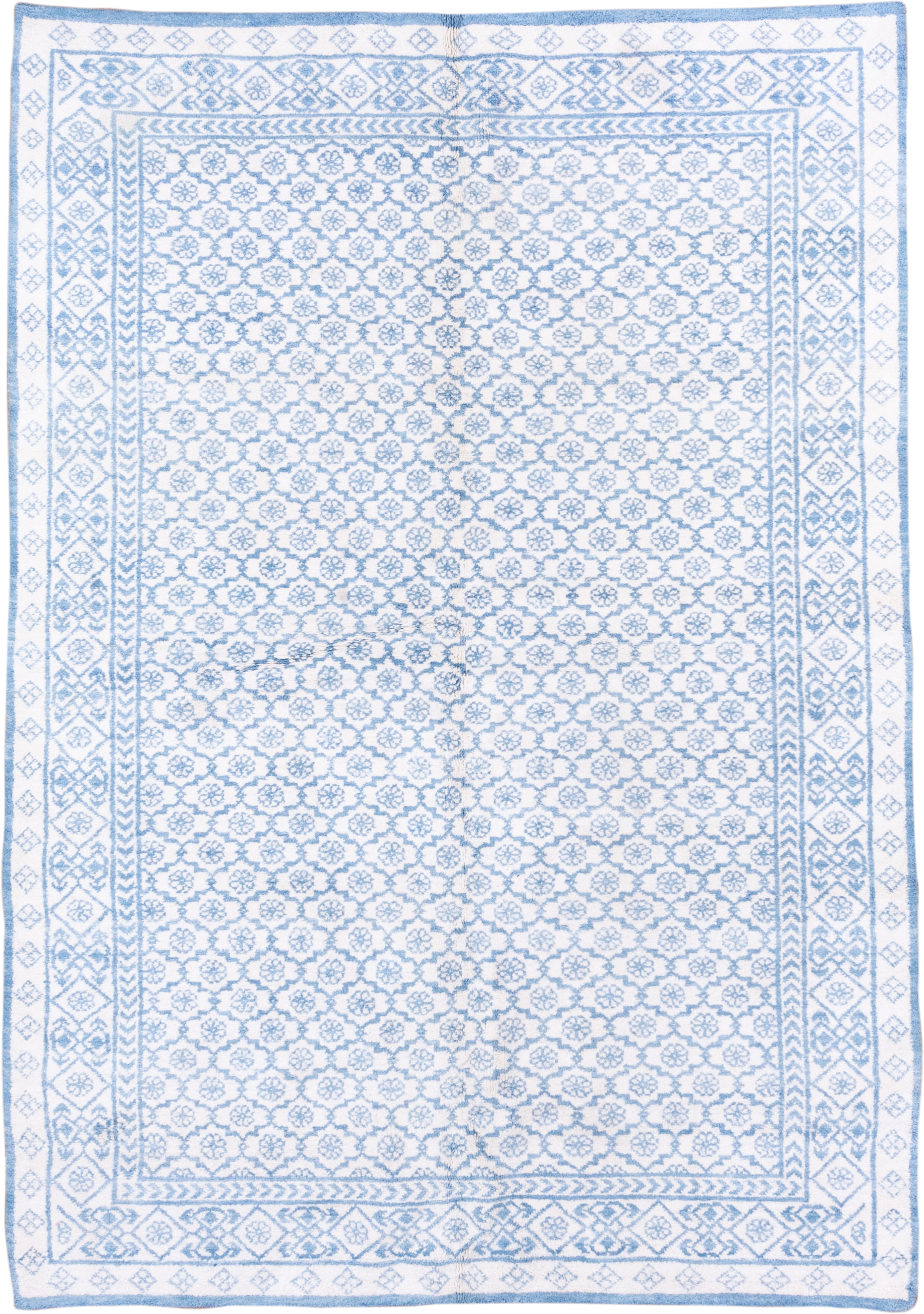 6' x 9' one-of-a-kind handmade vintage Cotton Agra medium size rug. Color palette: ivory, sky blue, powder blue, light blue