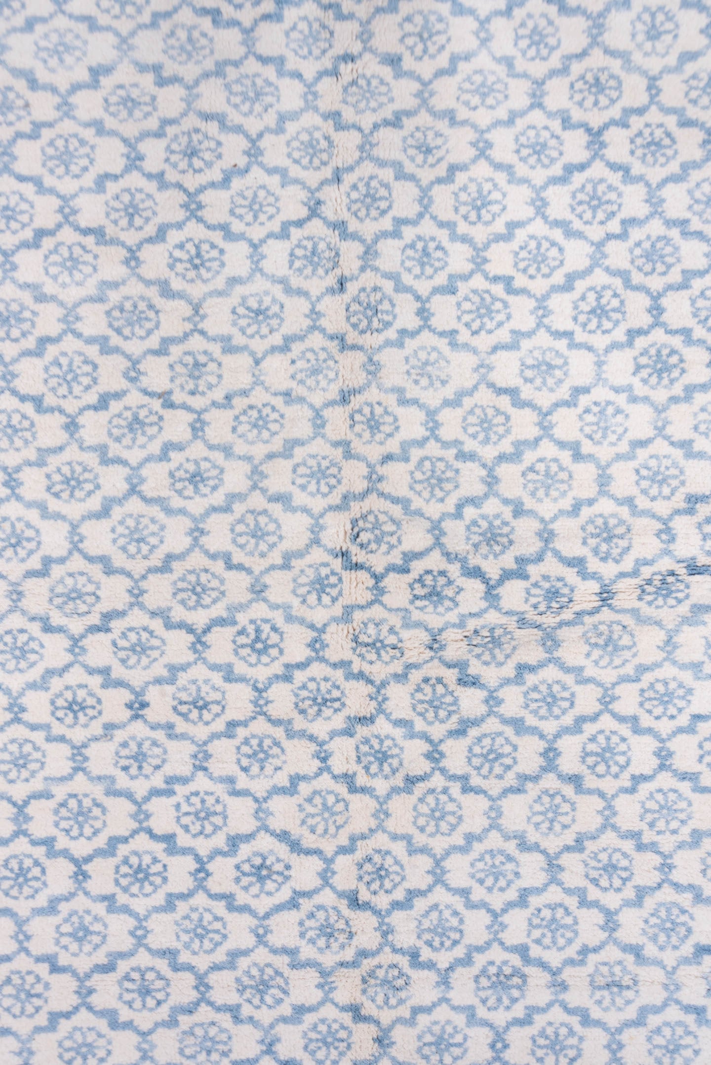 6' x 9' one-of-a-kind handmade vintage Cotton Agra medium size rug. Color palette: ivory, sky blue, powder blue, light blue