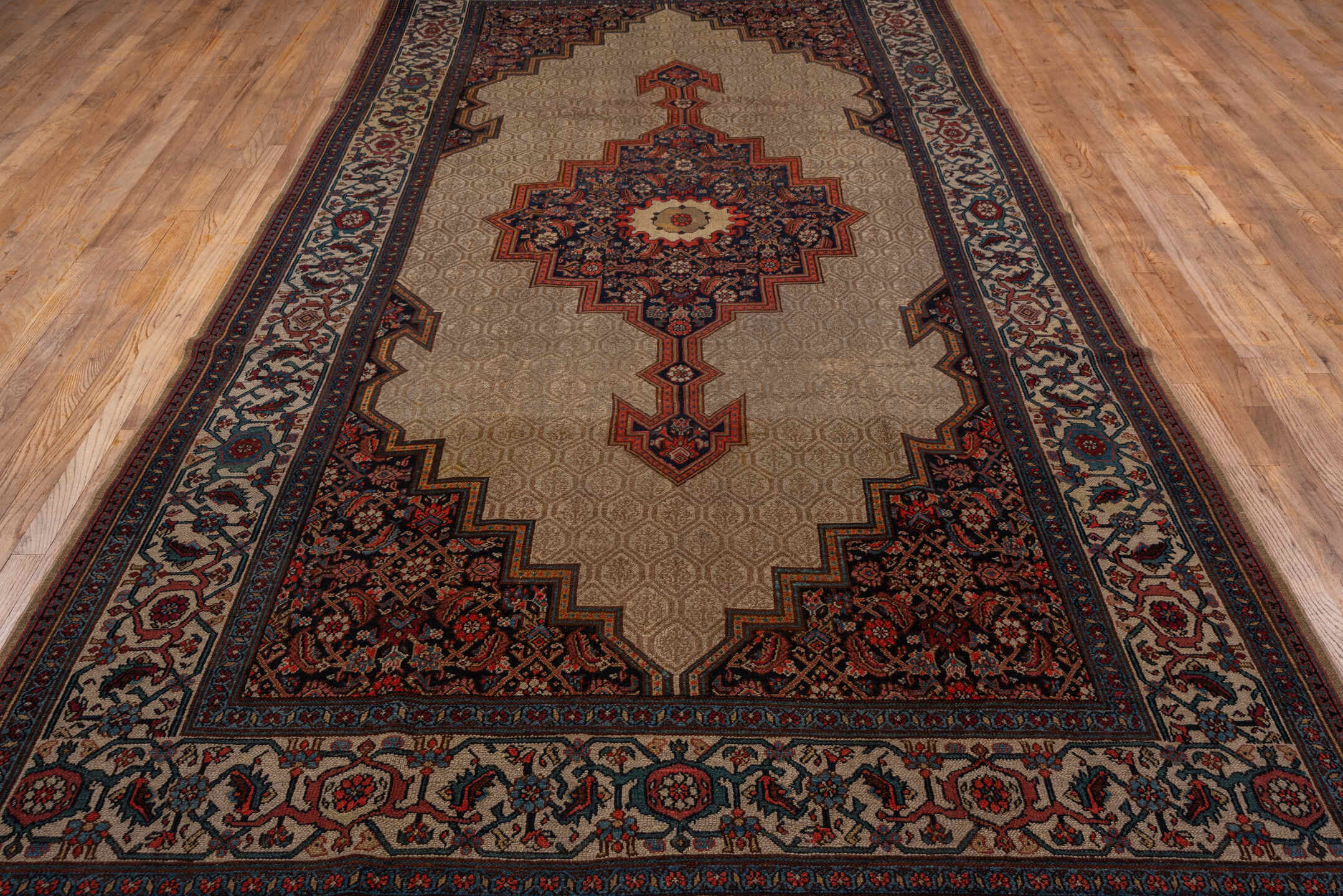 6' x 13' one-of-a-kind handmade vintage Cam Hamadan large size rug. Color palette: ivory, navy, rust, camel, crimson, slate