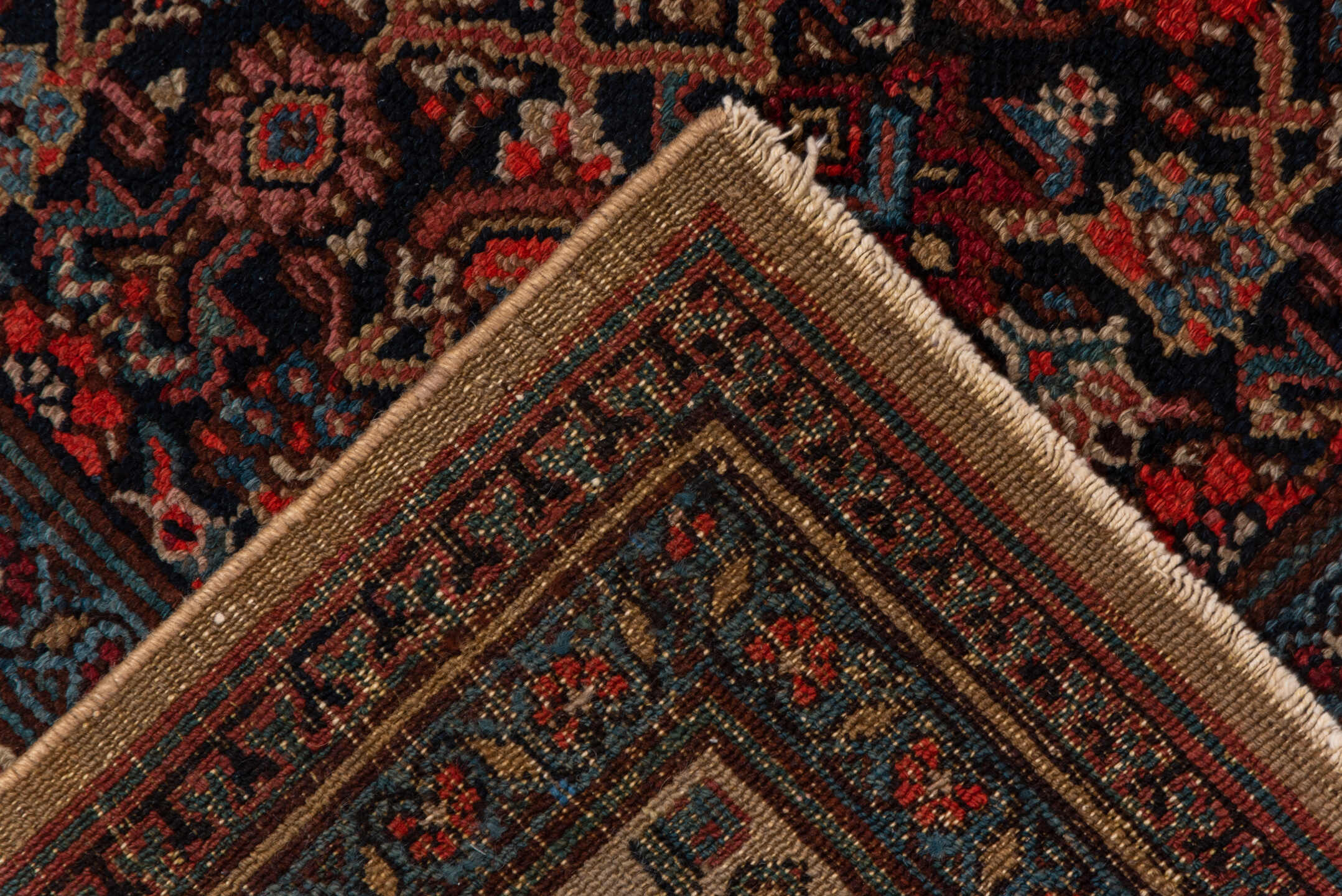 6' x 13' one-of-a-kind handmade vintage Cam Hamadan large size rug. Color palette: ivory, navy, rust, camel, crimson, slate