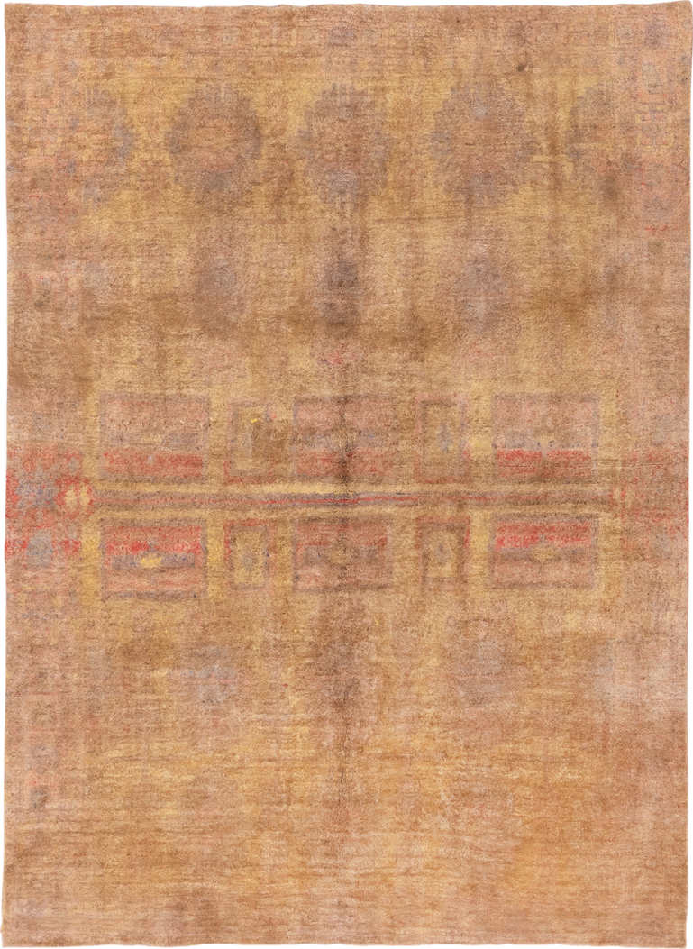 6' x 8' one-of-a-kind handmade antique Cotton Agra medium size rug. Color palette: camel, taupe, gold, terra cotta, rose
