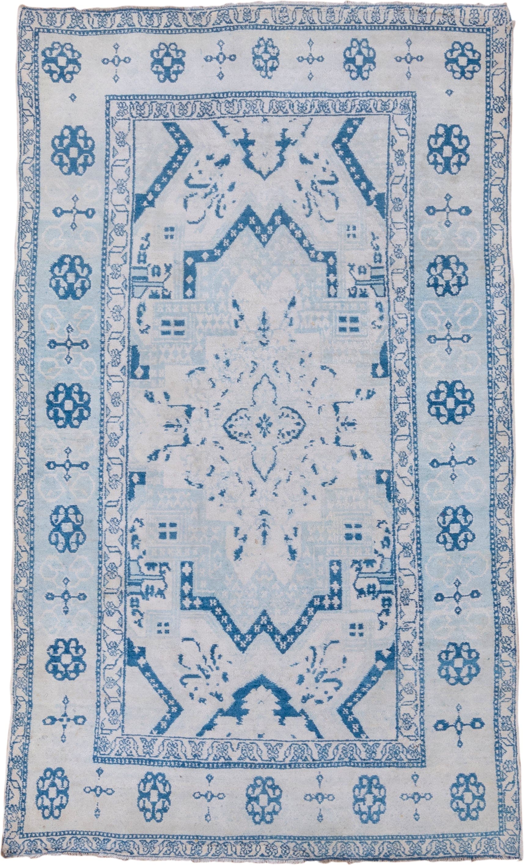 4' x 7' one-of-a-kind handmade vintage Cotton Agra rug. Color palette: ivory, sky blue, powder blue, denim blue, light blue