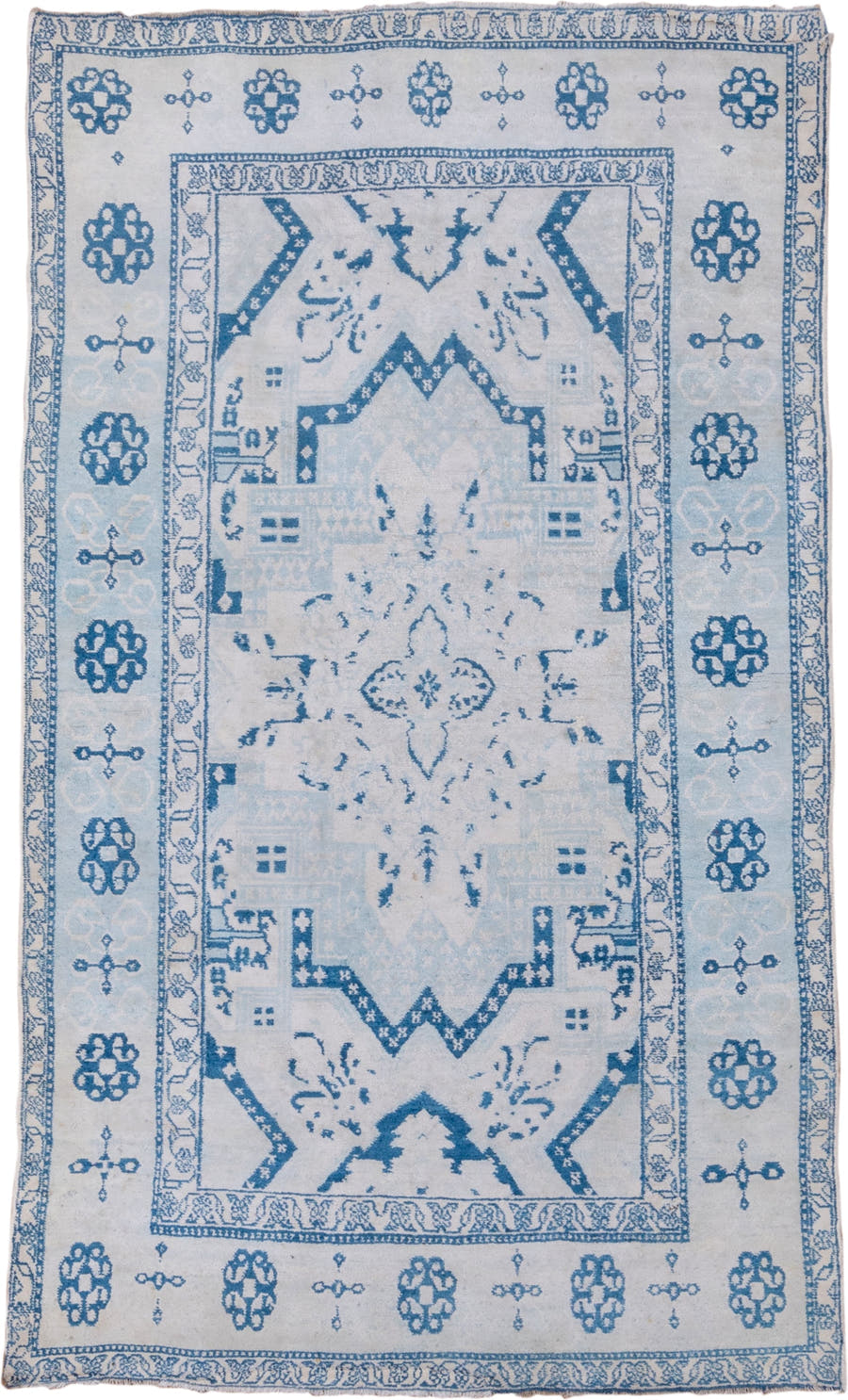 4' x 7' one-of-a-kind handmade vintage Cotton Agra rug. Color palette: ivory, sky blue, powder blue, denim blue, light blue