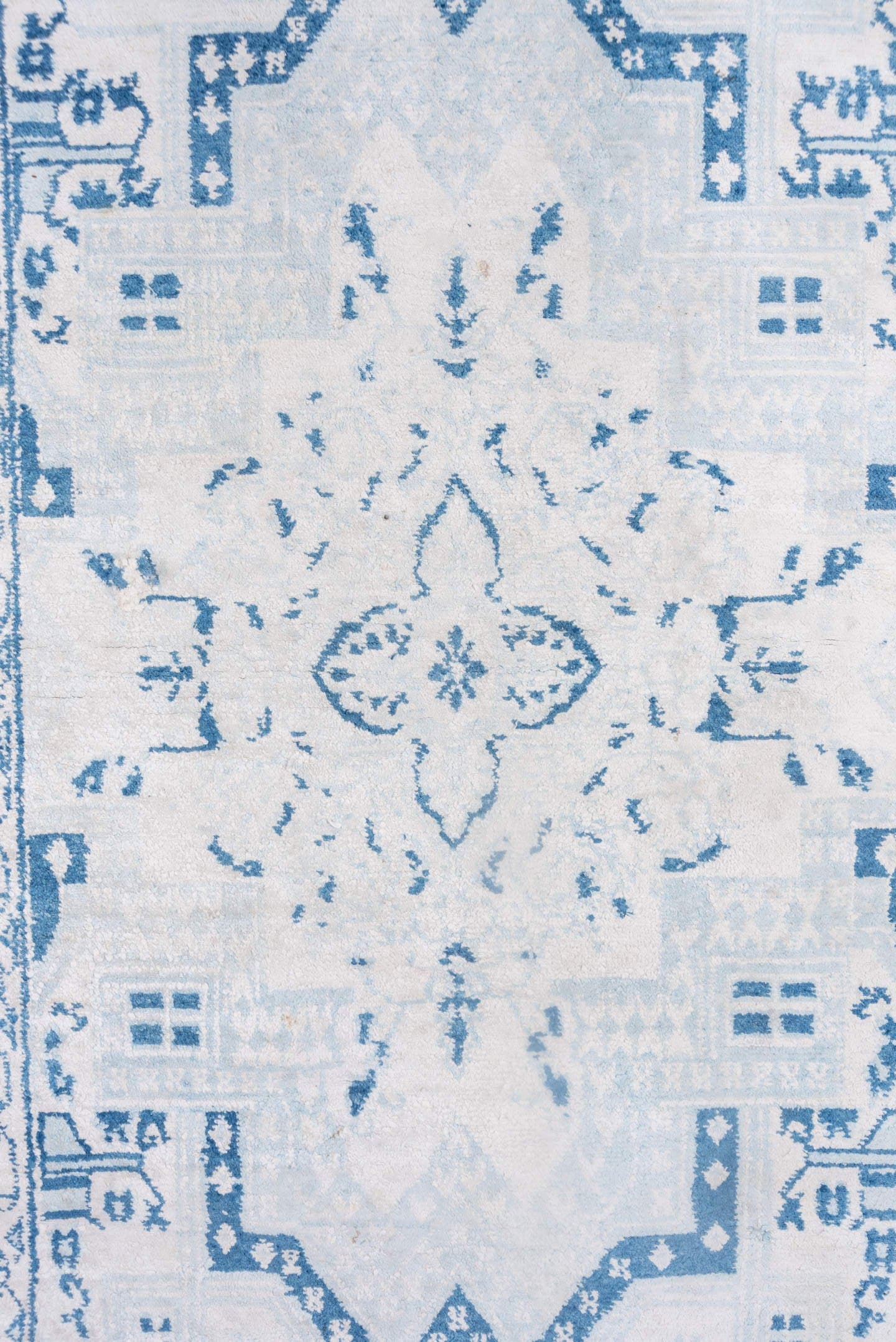 4' x 7' one-of-a-kind handmade vintage Cotton Agra rug. Color palette: ivory, sky blue, powder blue, denim blue, light blue