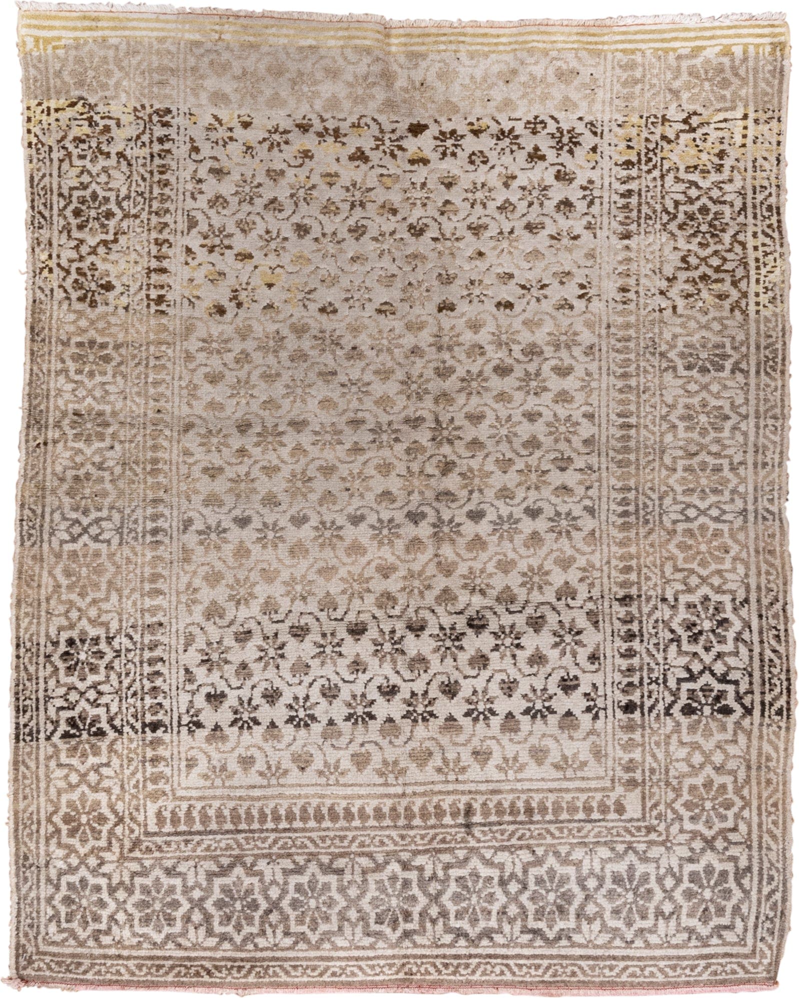 4' x 6' one-of-a-kind handmade antique Cotton Agra rug. Color palette: taupe, ivory, beige, brown, camel, gold, gray