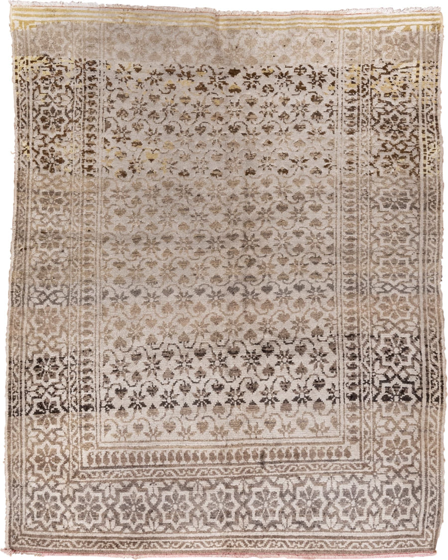 4' x 6' one-of-a-kind handmade antique Cotton Agra rug. Color palette: taupe, ivory, beige, brown, camel, gold, gray