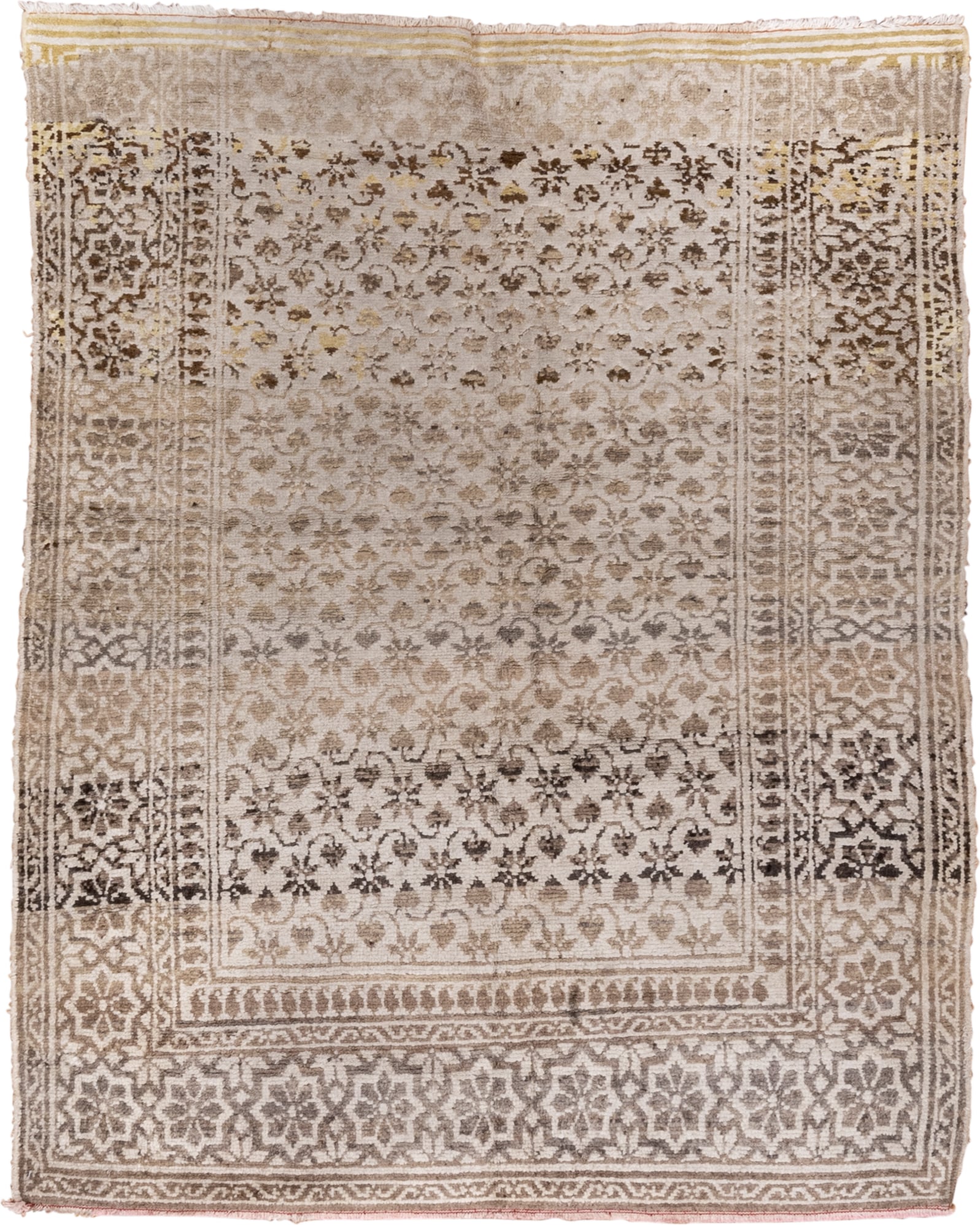 4' x 6' one-of-a-kind handmade antique Cotton Agra rug. Color palette: taupe, ivory, beige, brown, camel, gold, gray