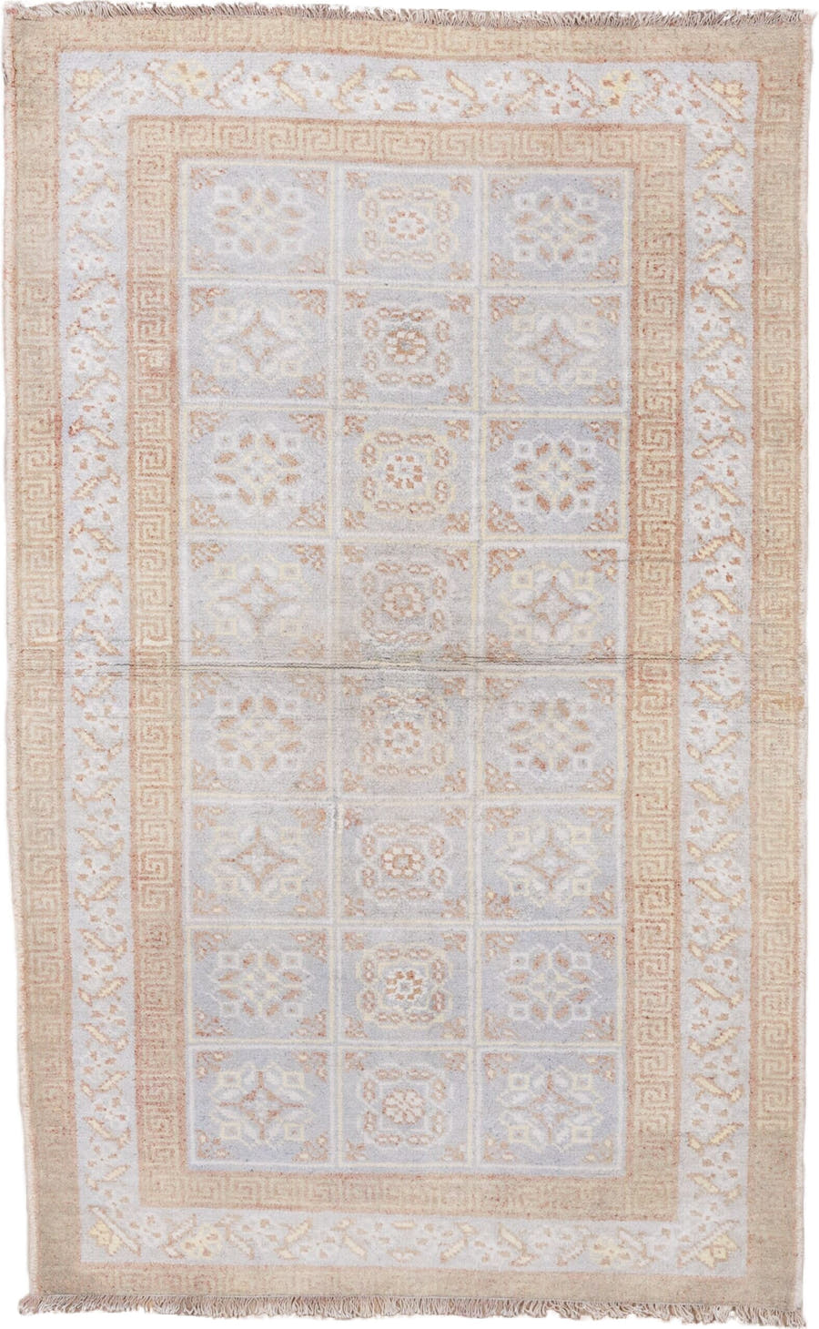 4' x 6' one-of-a-kind handmade vintage Cotton Agra small size rug. Color palette: ivory, peach, pale blue, beige, taupe