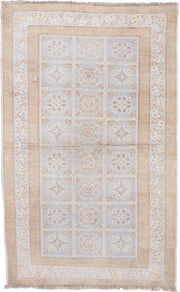4' x 6' one-of-a-kind handmade vintage Cotton Agra small size rug. Color palette: ivory, peach, pale blue, beige, taupe