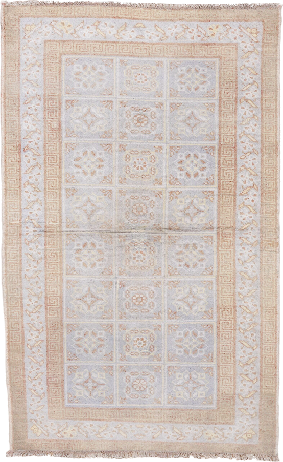 4' x 6' one-of-a-kind handmade vintage Cotton Agra small size rug. Color palette: ivory, peach, pale blue, beige, taupe