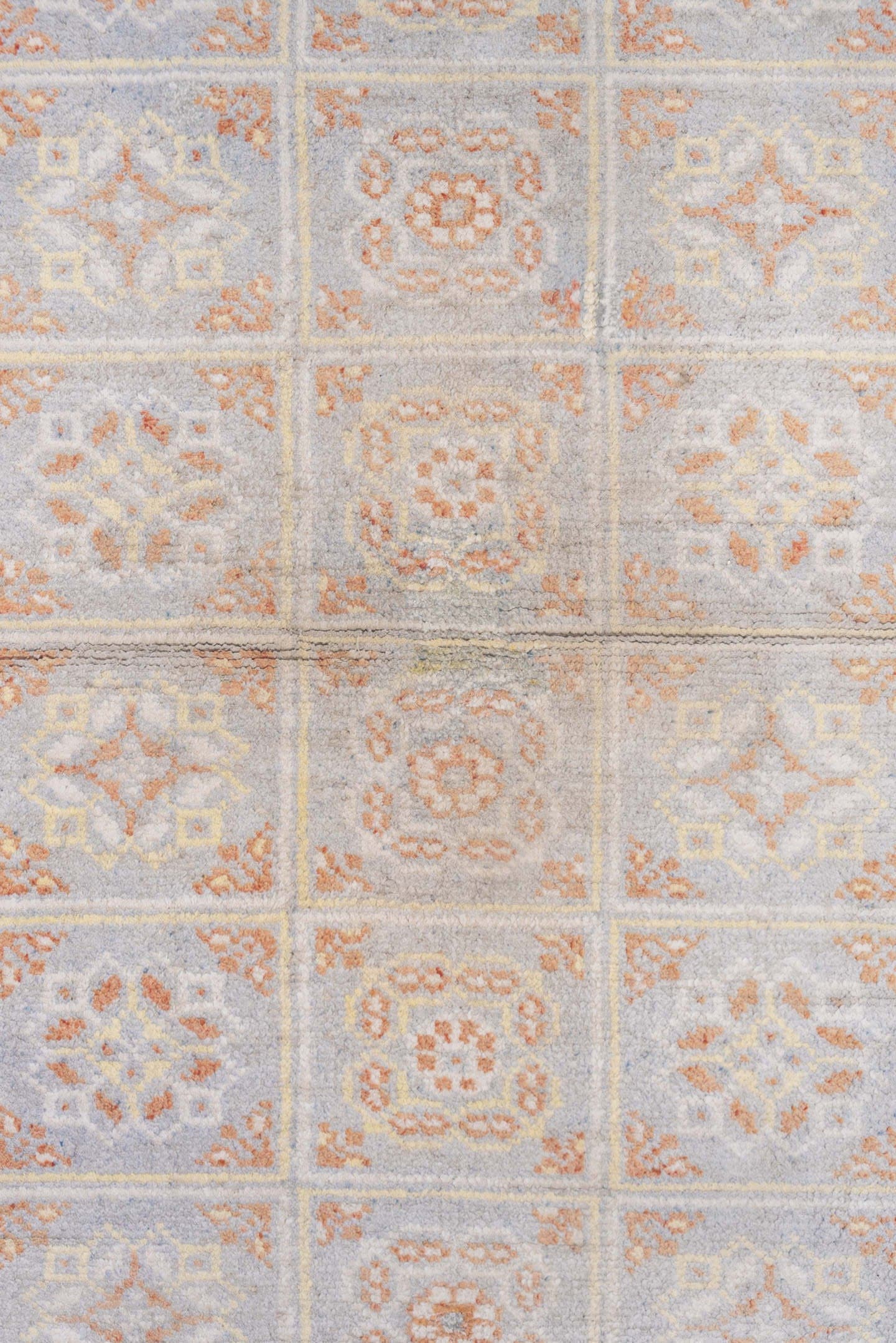 4' x 6' one-of-a-kind handmade vintage Cotton Agra small size rug. Color palette: ivory, peach, pale blue, beige, taupe