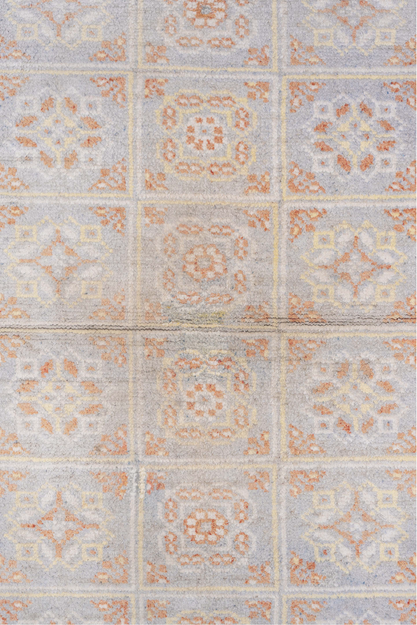 4' x 6' one-of-a-kind handmade vintage Cotton Agra small size rug. Color palette: ivory, peach, pale blue, beige, taupe