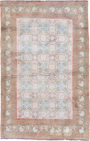 4' x 6' one-of-a-kind handmade vintage Cotton Agra small size rug. Color palette: ivory, sage, coral, pale blue, taupe