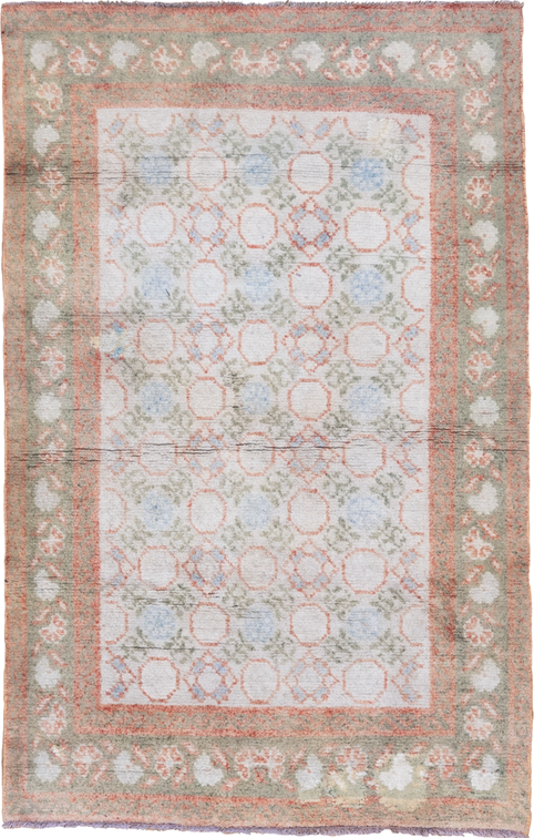 4' x 6' one-of-a-kind handmade vintage Cotton Agra small size rug. Color palette: ivory, sage, coral, pale blue, taupe