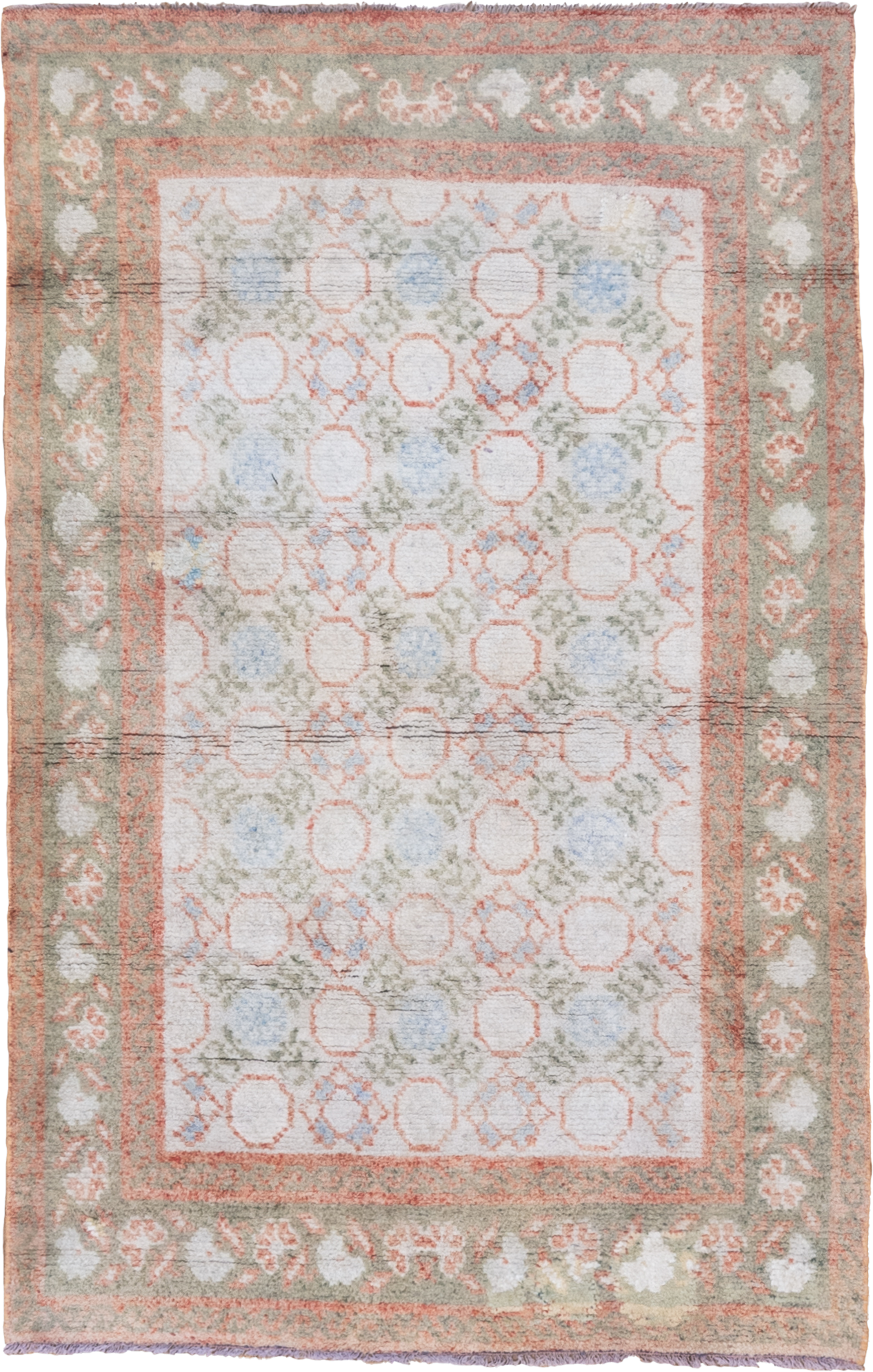 4' x 6' one-of-a-kind handmade vintage Cotton Agra small size rug. Color palette: ivory, sage, coral, pale blue, taupe