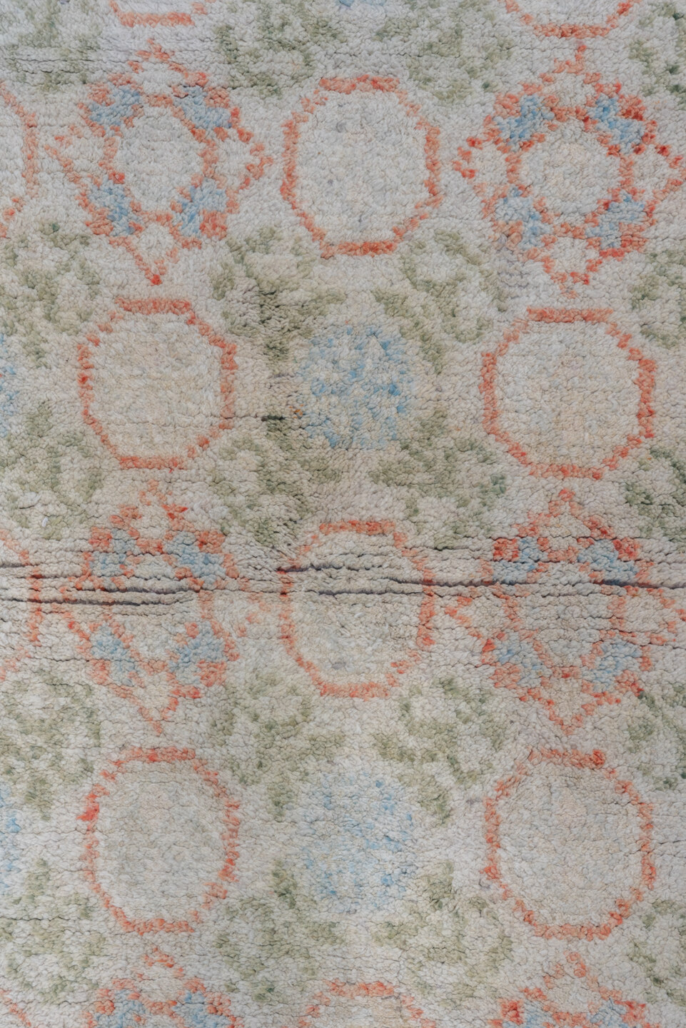 4' x 6' one-of-a-kind handmade vintage Cotton Agra small size rug. Color palette: ivory, sage, coral, pale blue, taupe