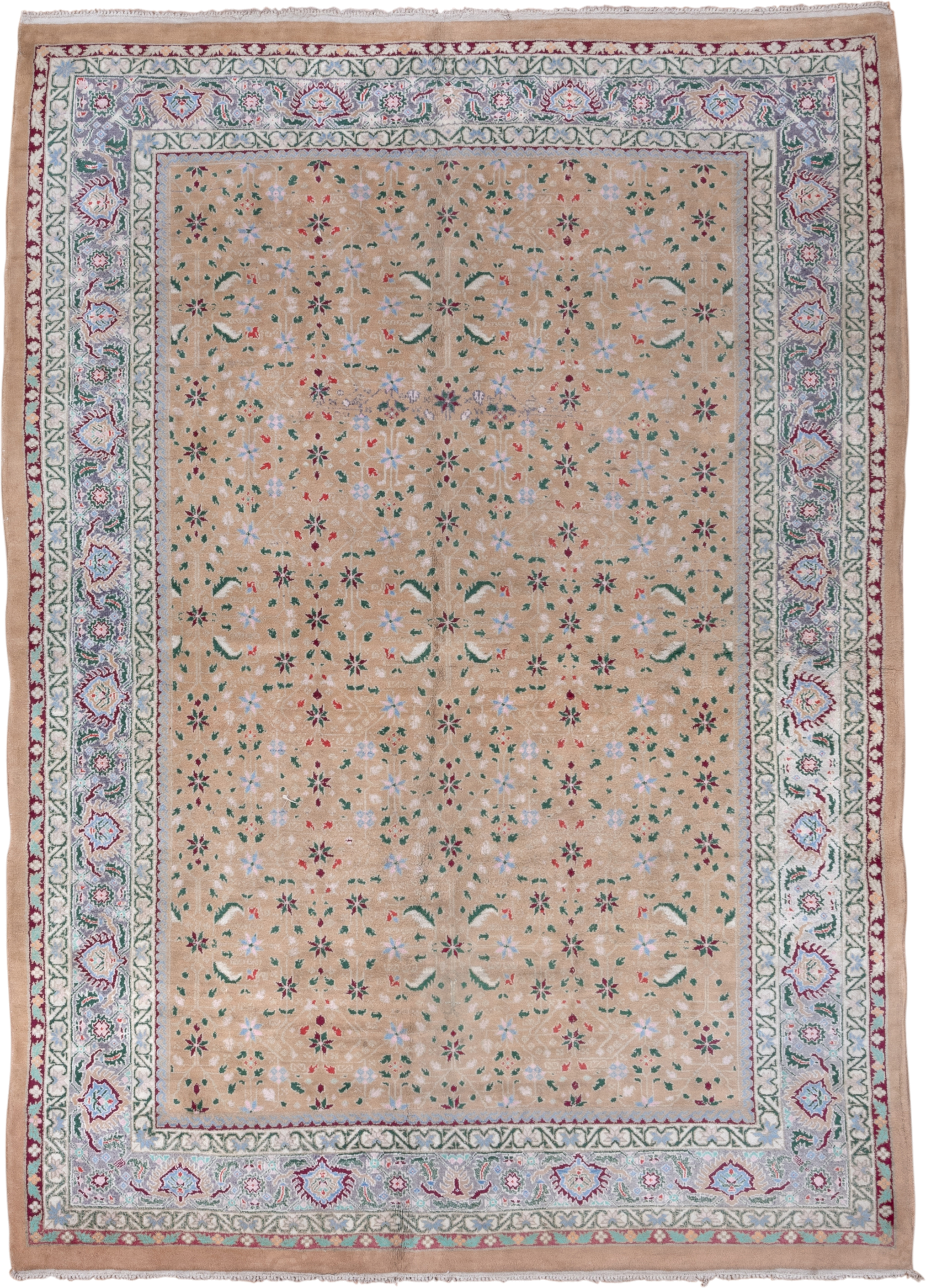 6' x 8' one-of-a-kind handmade vintage Agra medium size rug. Color palette: camel, ivory, sage, sky_blue, burgundy, rose