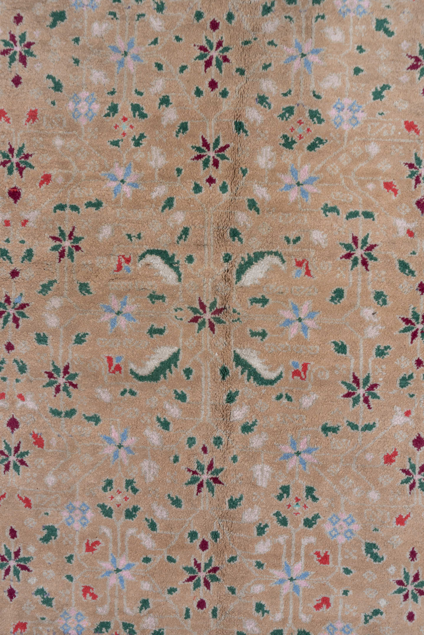 6' x 8' one-of-a-kind handmade vintage Agra medium size rug. Color palette: camel, ivory, sage, sky_blue, burgundy, rose