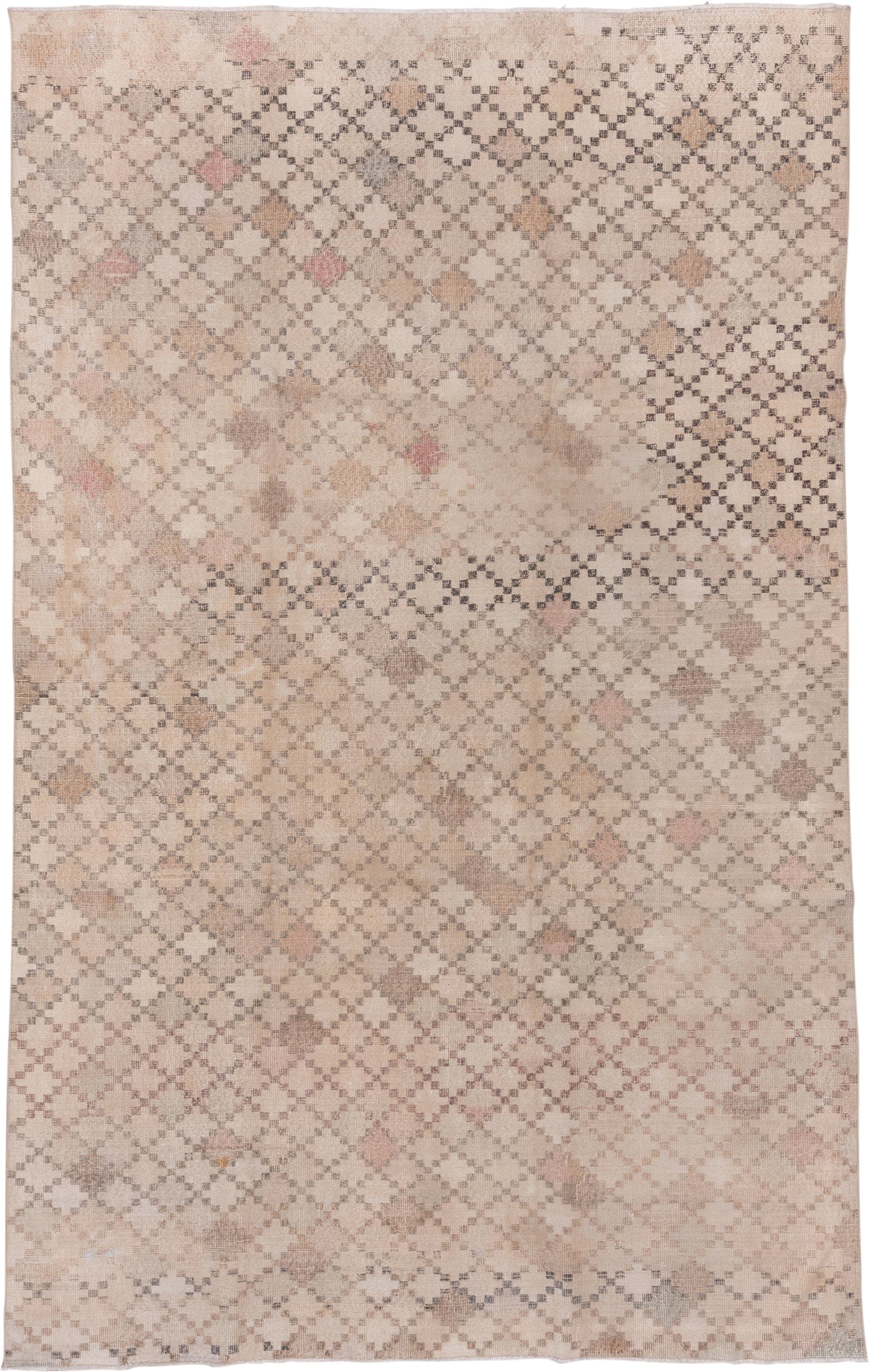 6' x 10' one-of-a-kind handmade vintage Oushak large size rug. Color palette: ivory, blush, taupe, sand, rose, gray, pink