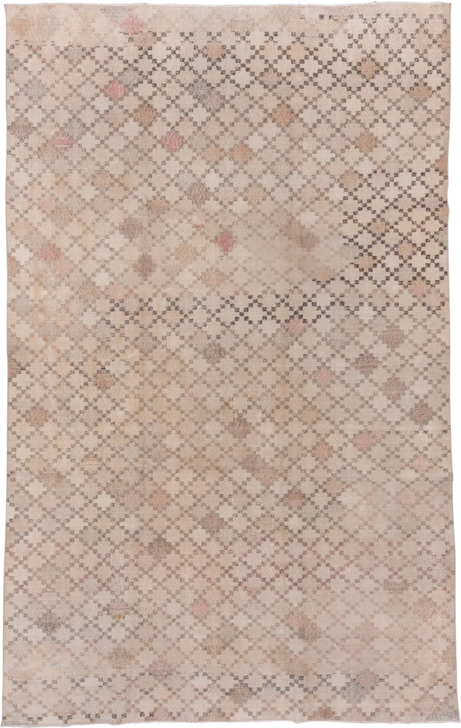 6' x 10' one-of-a-kind handmade vintage Oushak large size rug. Color palette: ivory, blush, taupe, sand, rose, gray, pink